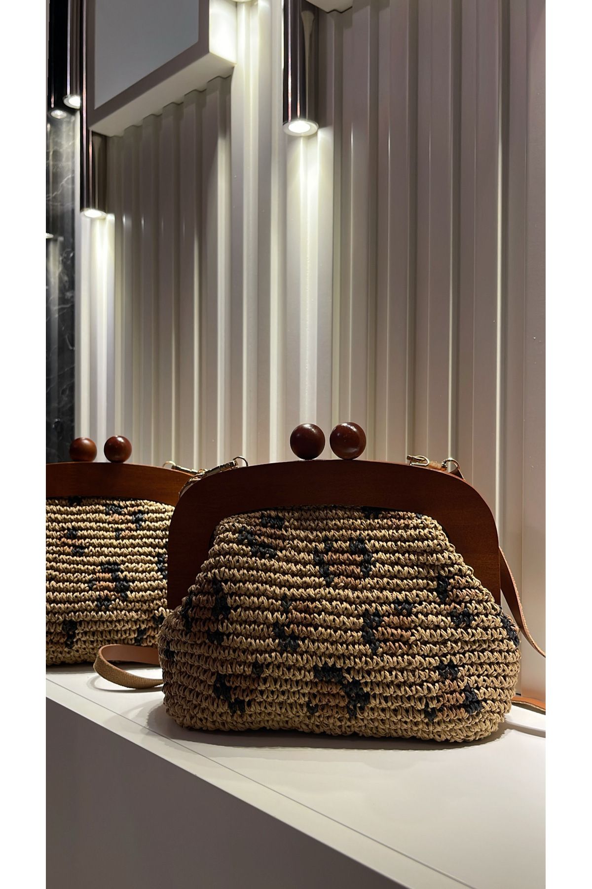 WOMANBAG LEOPAR HASIR EL YAPIMI CLUTCH EL OMUZ ÇANTASI