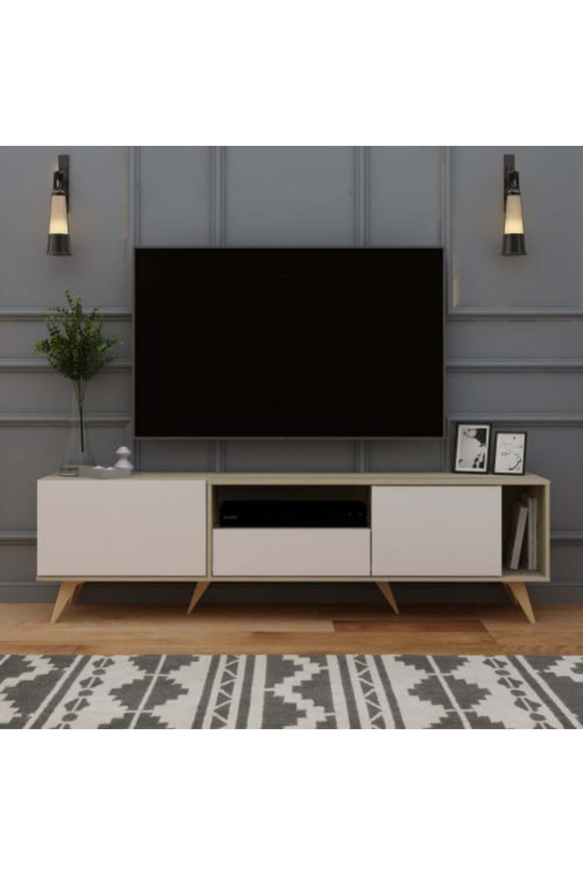 Generic-Rectangular TV Table with Fixed Base 179 cm, Shelves and Drawers, Wooden and White Color 1
