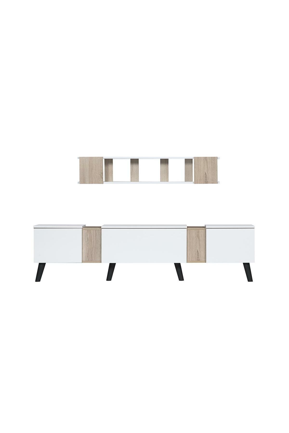 Generic-Wooden TV Table with 3 Drawers and Wall Shelves - 180 cm, White and Light Brown 3