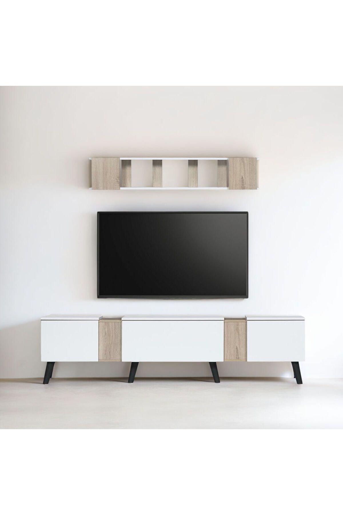 Generic-Wooden TV Table with 3 Drawers and Wall Shelves - 180 cm, White and Light Brown 2