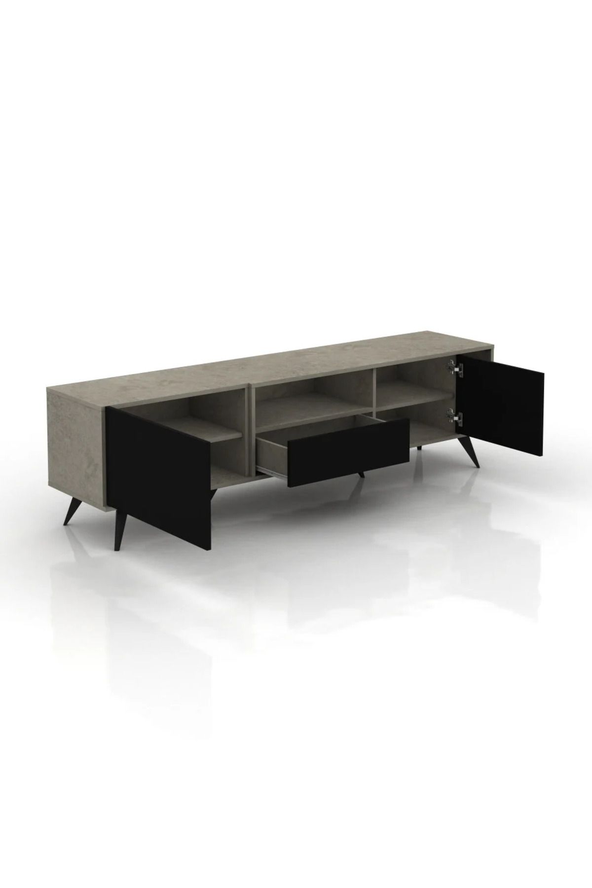 Generic-Rectangular TV Table with Fixed Base 179 cm, Shelves and Drawers - Gray & Black 3