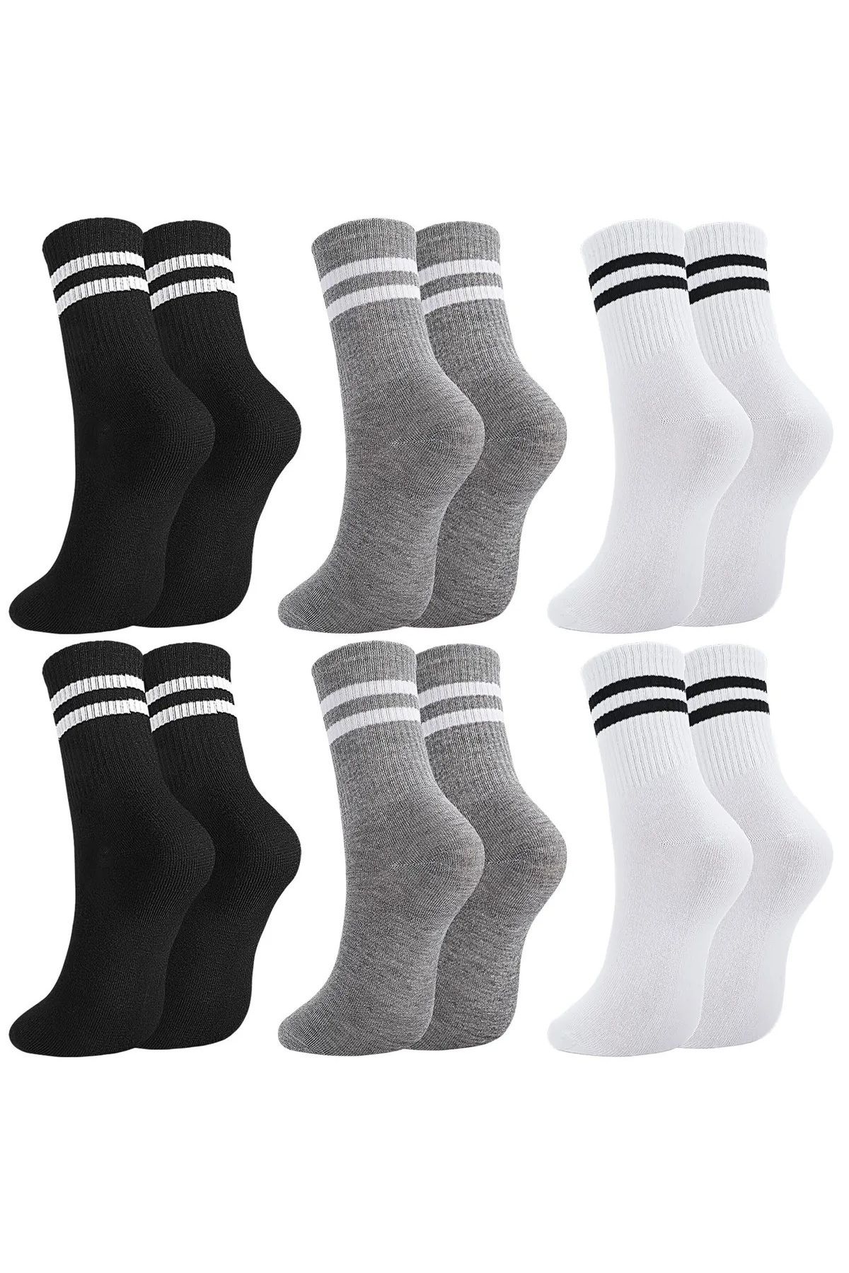 HİTRA unisex 6'lı çizgili tenis çorap gri siyah beyaz