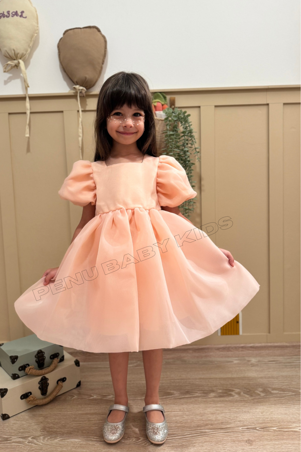 penu baby kids Somon Karolin Balon Etek Balon Kollu Kurdeleli Kız Çocuk Kız Bebek Elbise fotoğrafı 2 (önizleme)