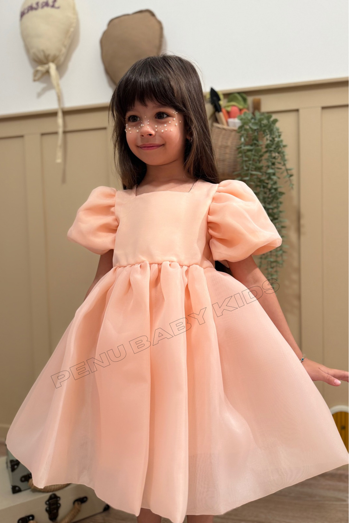 penu baby kids Somon Karolin Balon Etek Balon Kollu Kurdeleli Kız Çocuk Kız Bebek Elbise fotoğrafı 7 (önizleme)