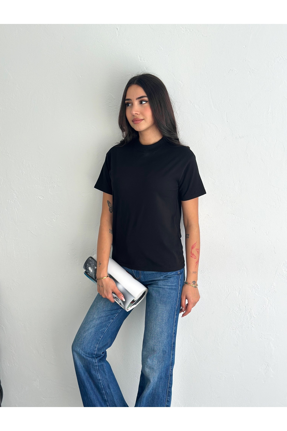 fiolin  Beyaz Ve Siyah Dik Yaka 2'li Paket Basic Örme T-shirt - Görsel 5