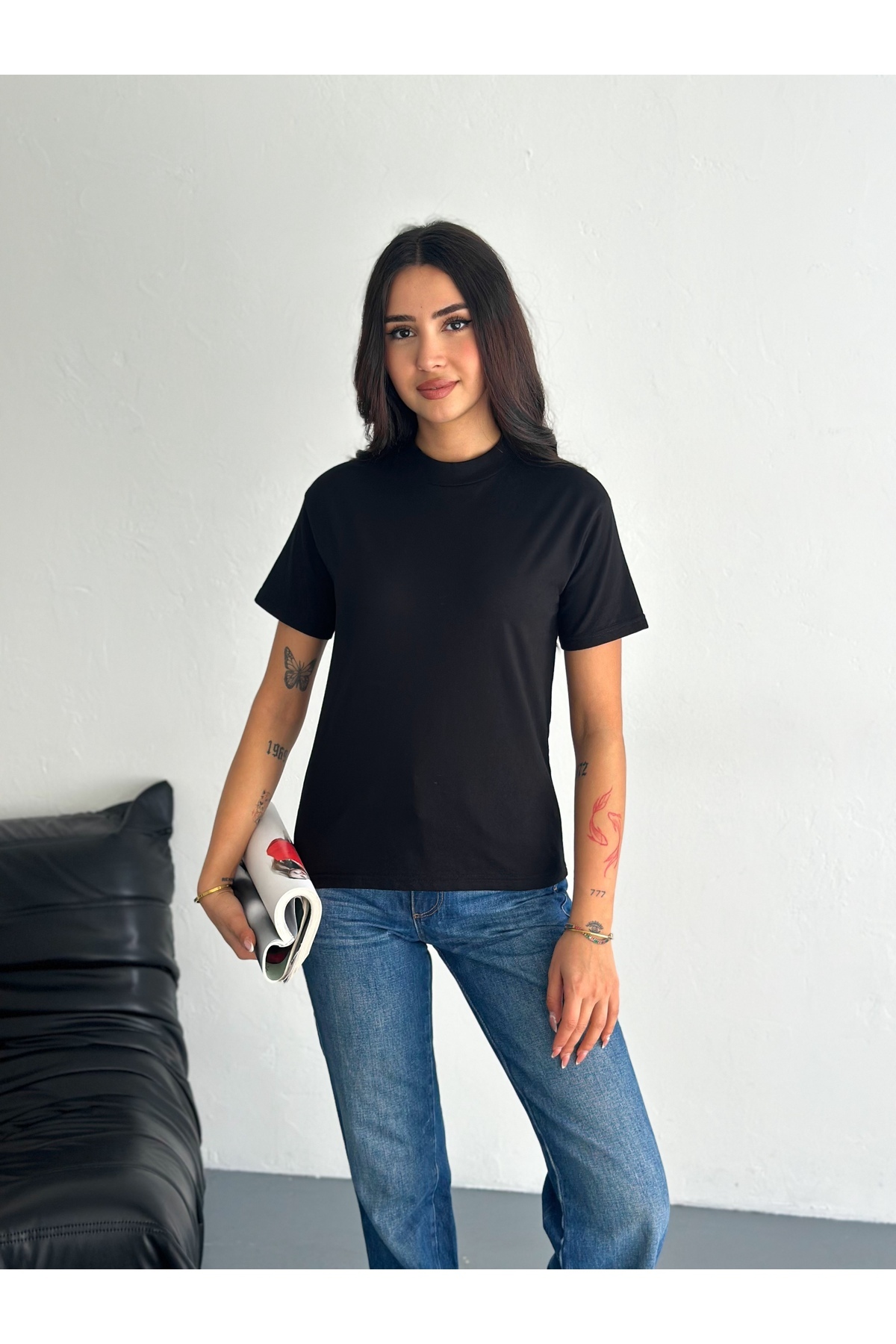 fiolin  Beyaz Ve Siyah Dik Yaka 2'li Paket Basic Örme T-shirt - Görsel 8