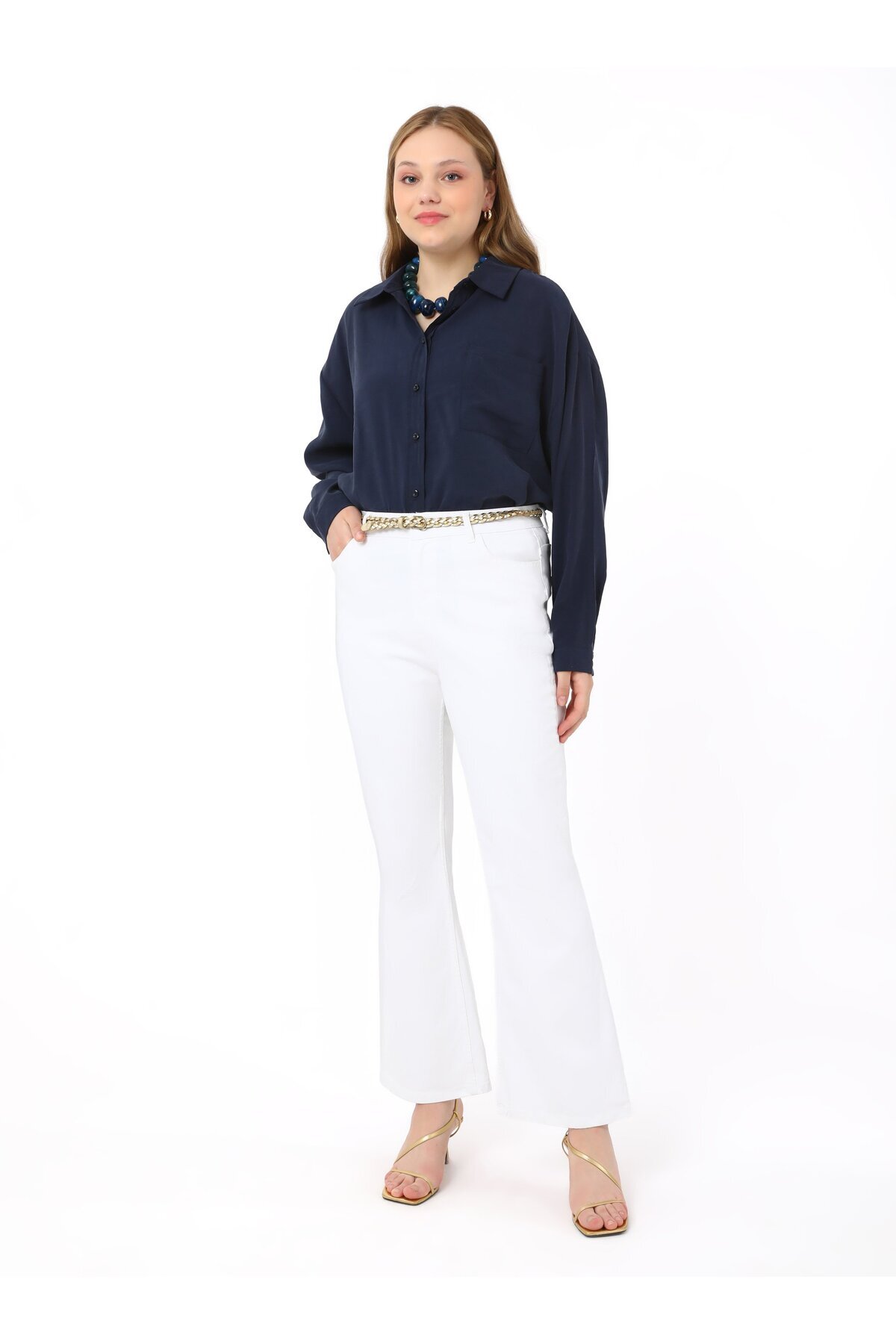 ALİA Büyük Beden Flare Denim Pantolon - Off white - Alia