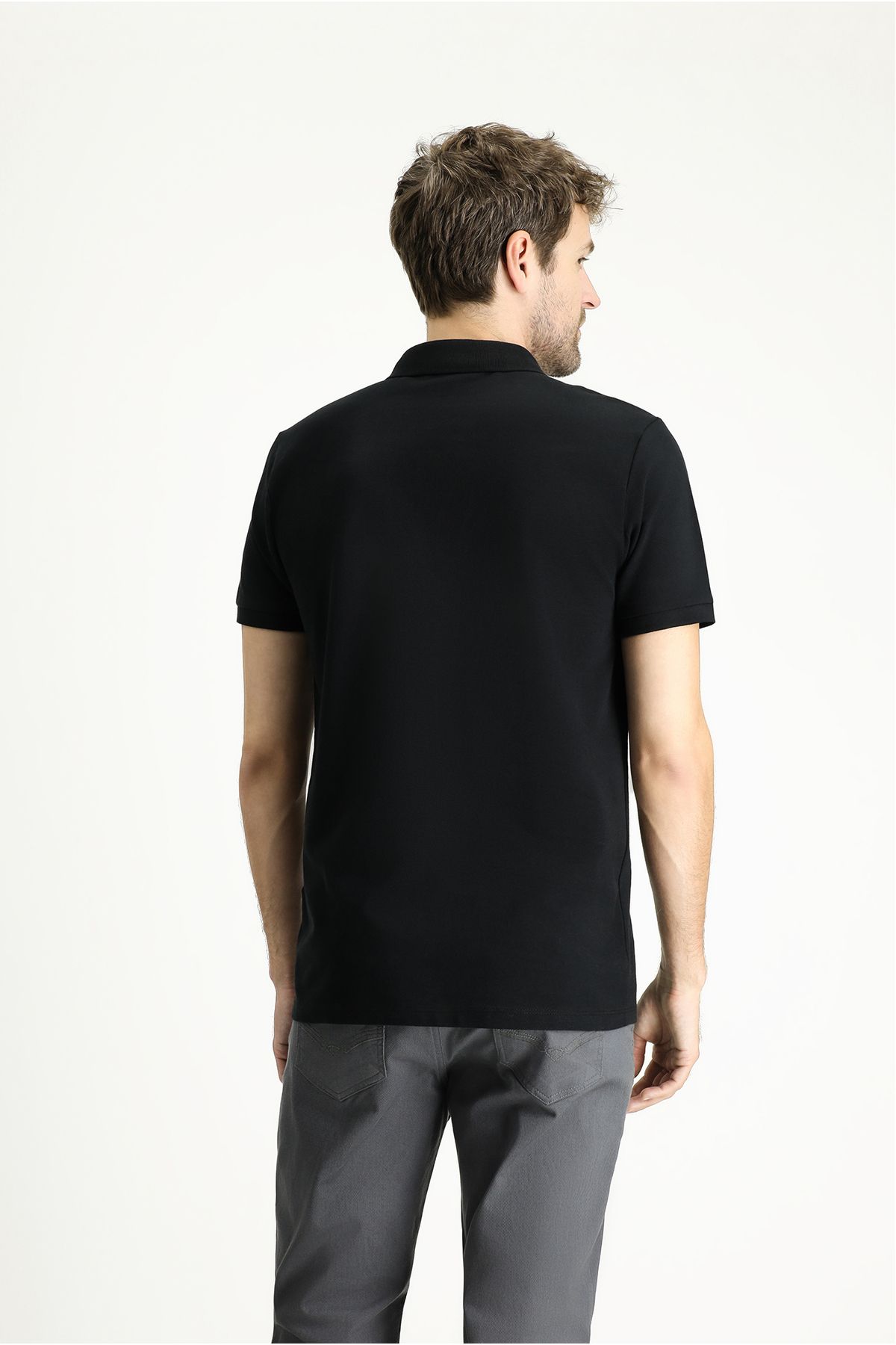 تی شرت یقه پولو مشکی مردانه سیاه Polo Yaka Slim Fit Bark cut Cotton T shirt Kiğılı