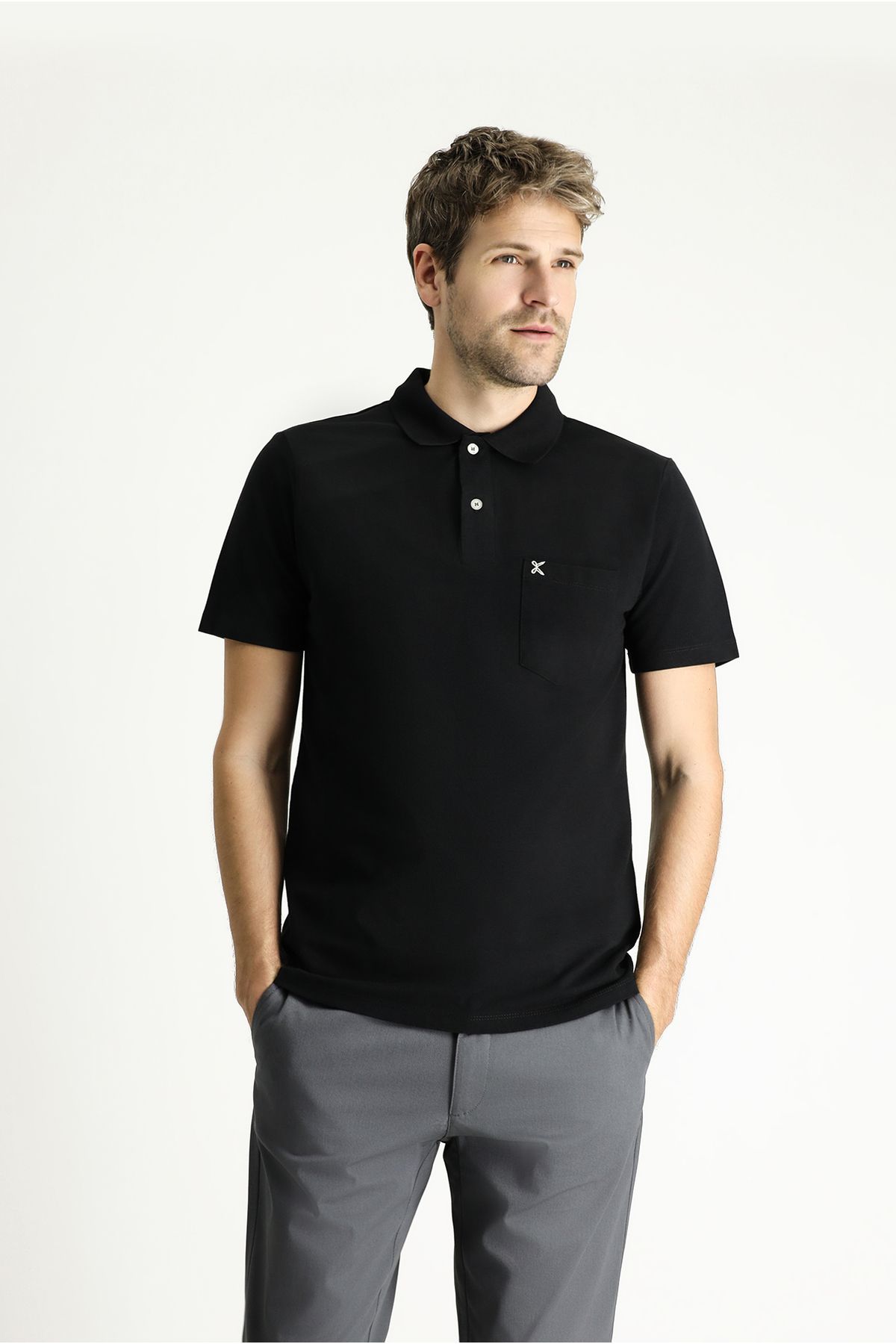 تی شرت یقه پولو مشکی مردانه سیاه Polo Yaka به طور منظم مناسب گلدوزی پنبه t shirt Kiğılı