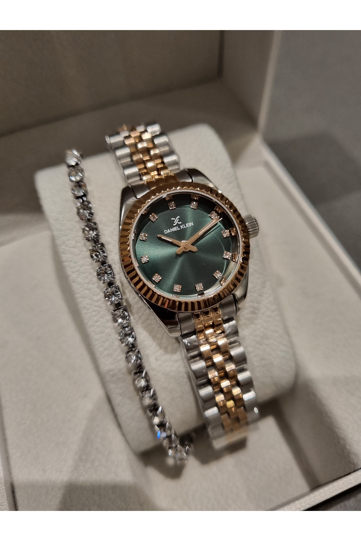 Daniel Klein New Model Dk -Rose Bicolor Steel Bracelet Green Dial