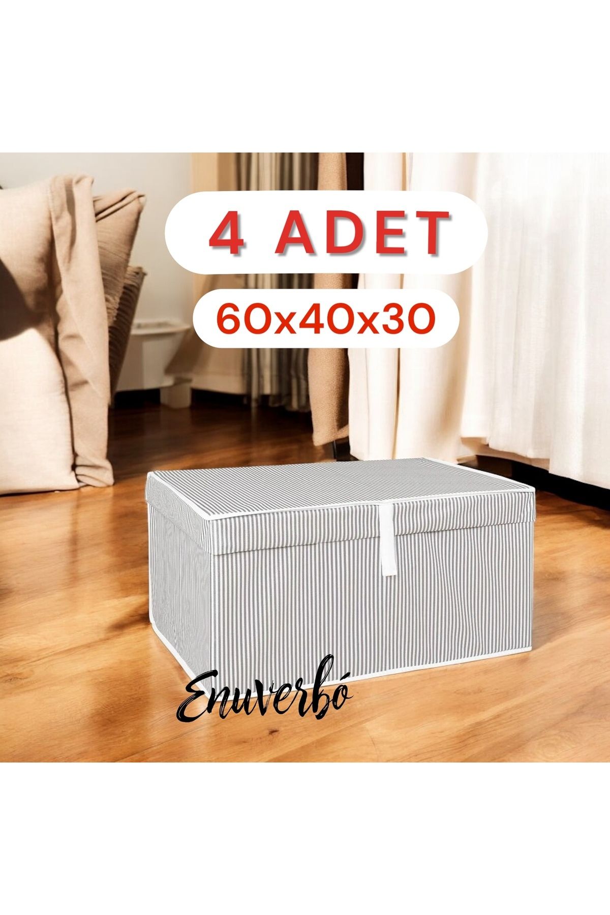 Enuverbi 4 Adet Cırtlı Kapaklı Mega Saklama Kutusu Giysi Hurcu Çeyiz Sandığı (60X40X30 CM) - Gri