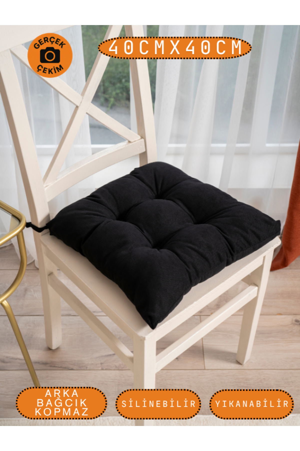 Pastello Sandalye Minderi –Siyah – Kadife Dokulu, Bağcıklı, Yıkanabilir – 40x40 detay