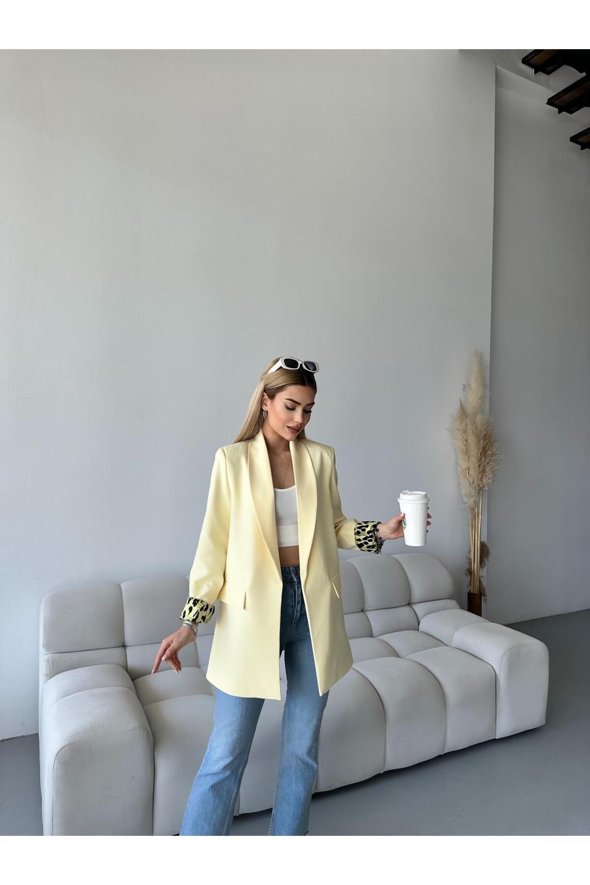 aytenli-Oversize Double Leopard Lined Buttonless Pocket Long Blazer Jacket 7