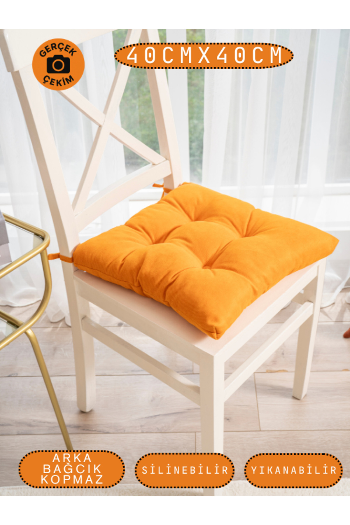 Pastello Sandalye Minderi –Turuncu – Kadife Dokulu, Bağcıklı, Yıkanabilir – 40x40 detay