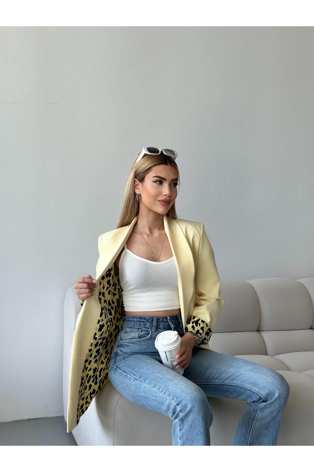 aytenli-Oversize Double Leopard Lined Buttonless Pocket Long Blazer Jacket 3