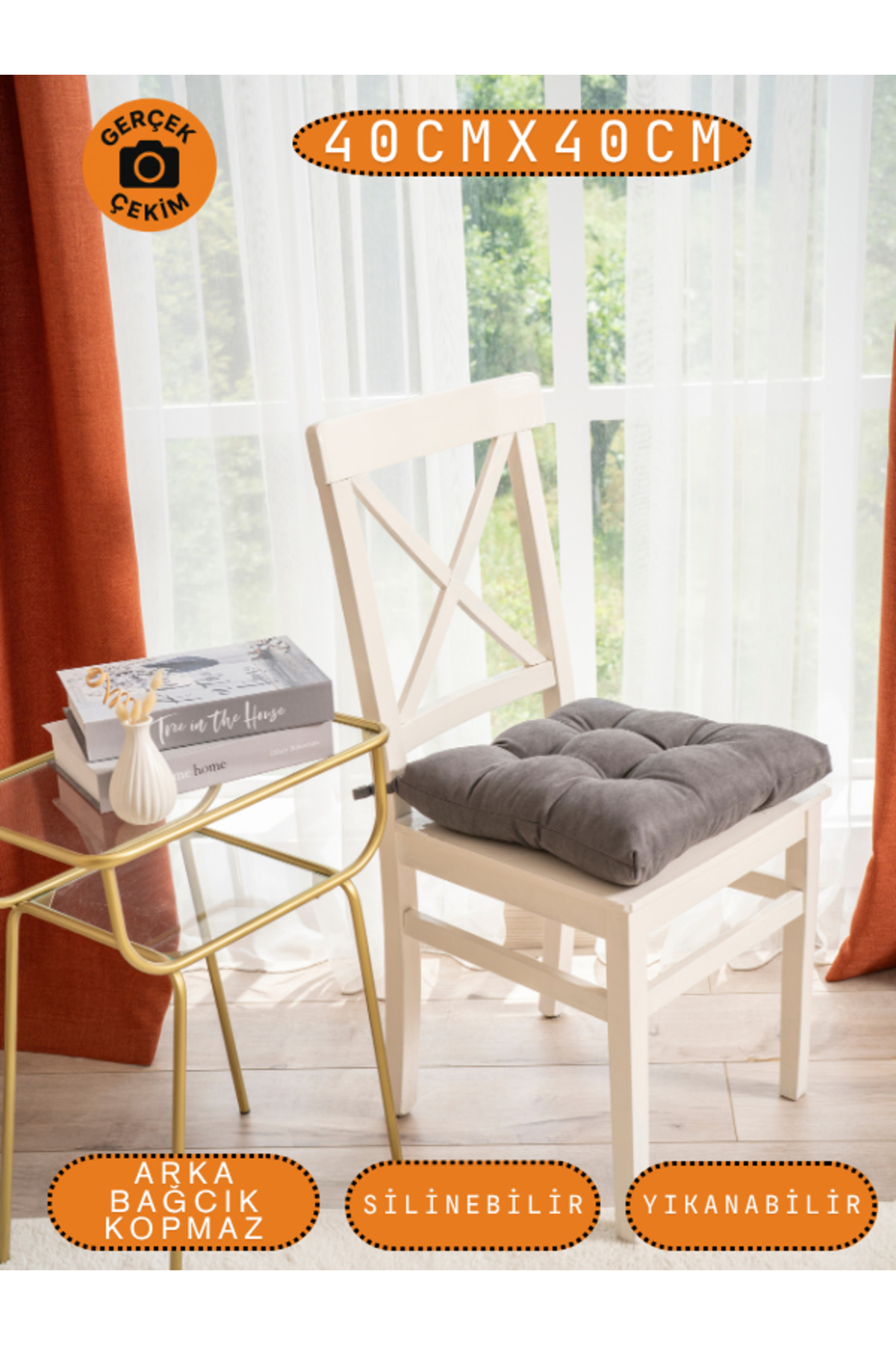 Pastello Sandalye Minderi –Gri – Kadife Dokulu, Bağcıklı, Yıkanabilir – 40x40 detay