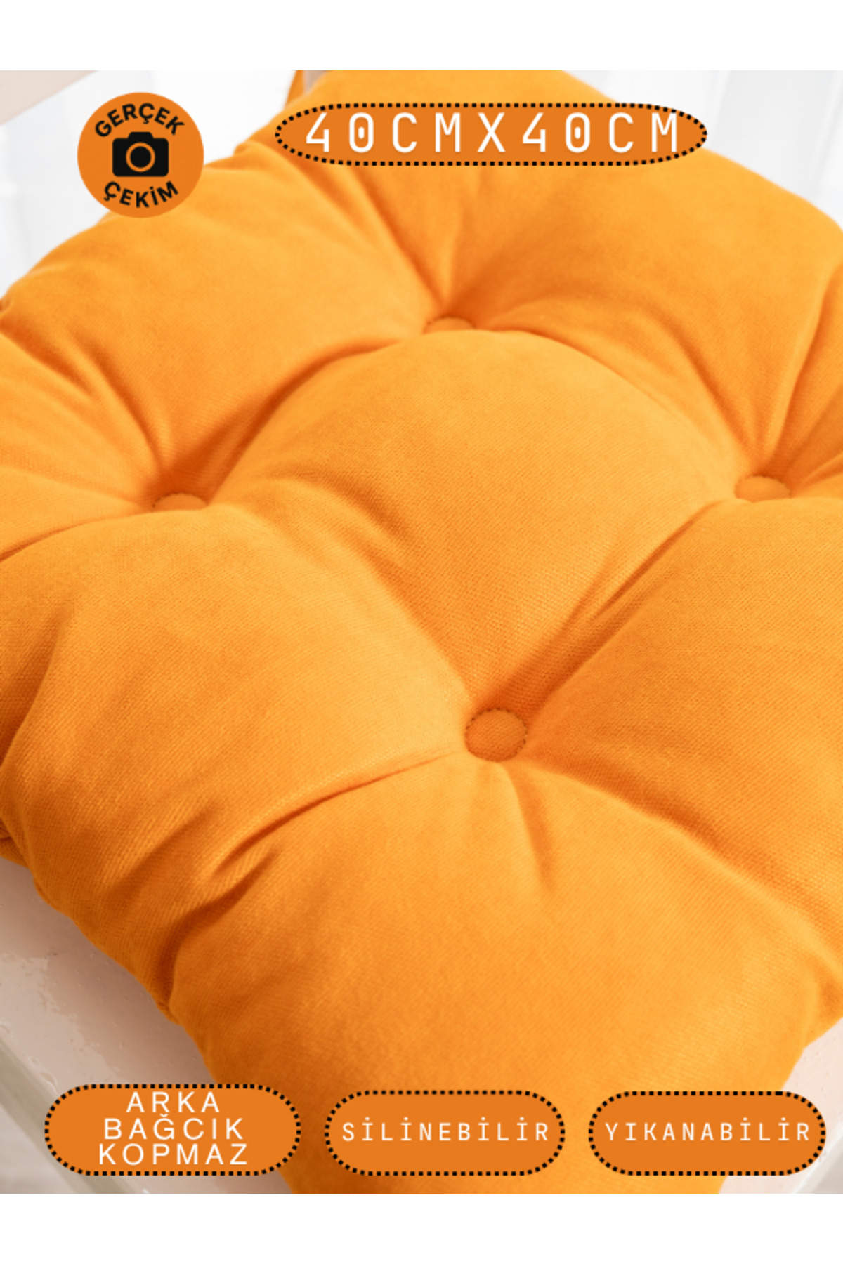 Pastello Sandalye Minderi –Turuncu – Kadife Dokulu, Bağcıklı, Yıkanabilir – 40x40 detay