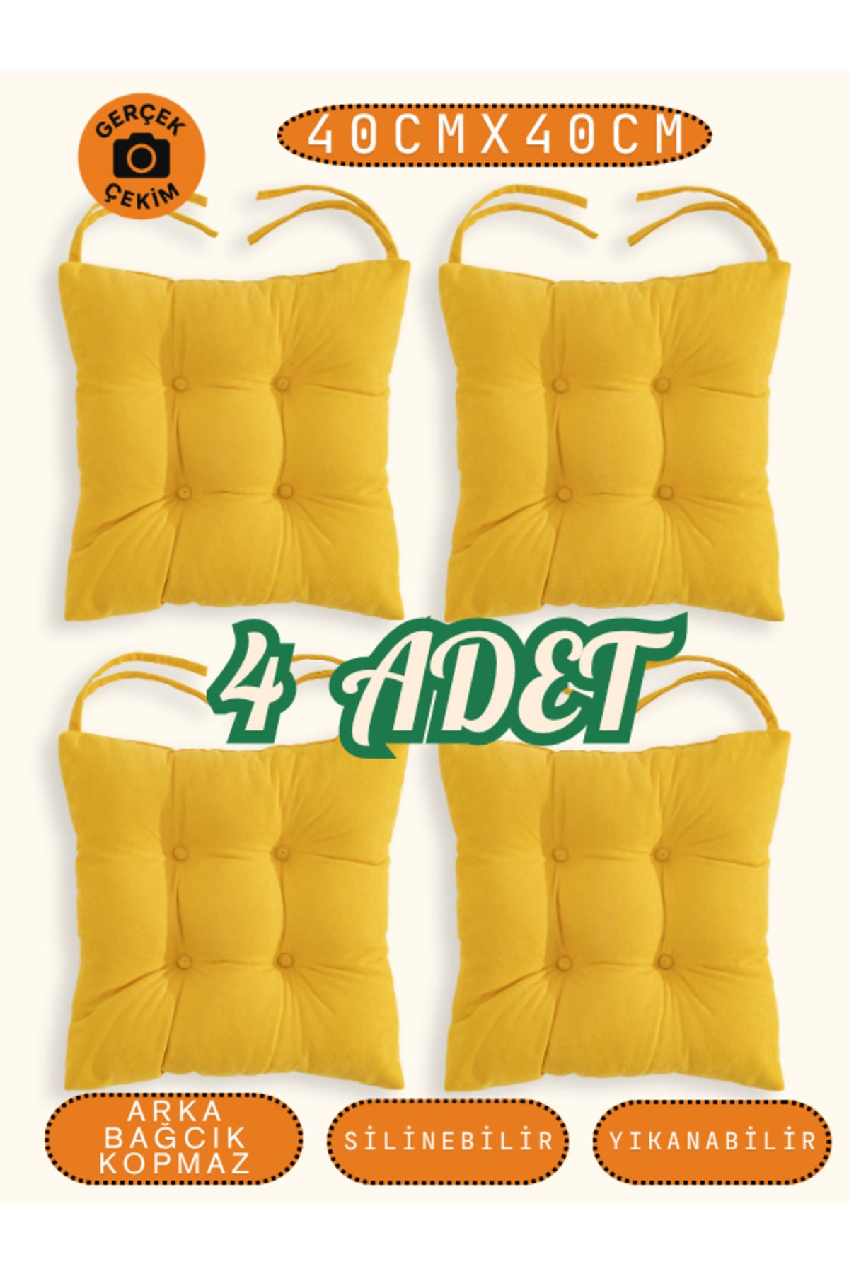 UYKUPEREST 4’lü Pastello Sandalye Minderi – Sarı – Bağcıklı, Slikon Dolgulu, Yıkanabilir – 40x40