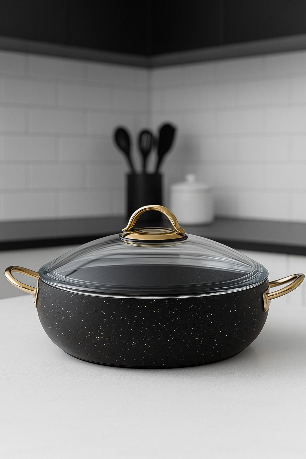 YUNUSOĞLU HOME-28 cm Flattened Stew Pot – 3.5 Liters, Gold Handle, 4 mm Granite Coating, Fireproof Non-Stick 3