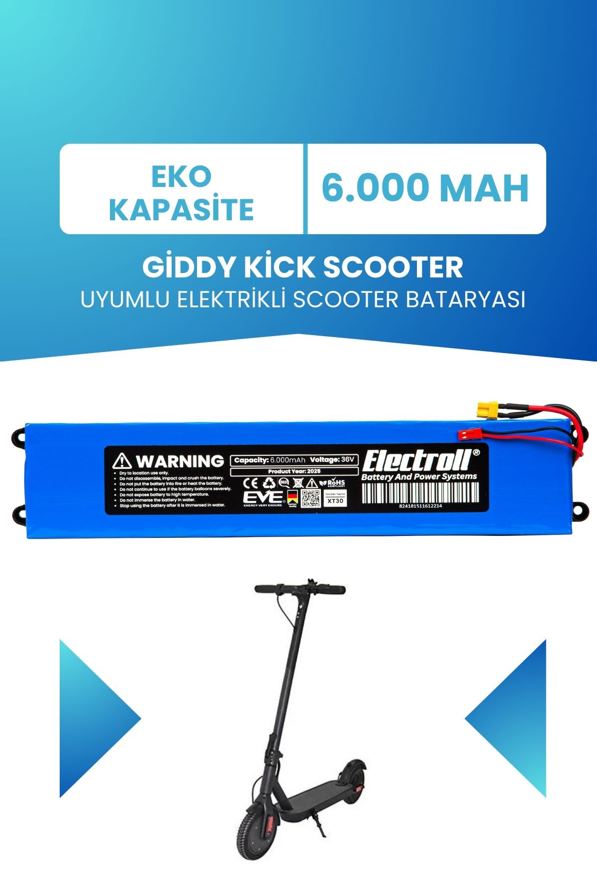 ELECTROLL Giddy Kick Scooter Uyumlu Batarya (EKO KAPASİTE) 36v 6000mah Elektrikli Scooter Bataryası