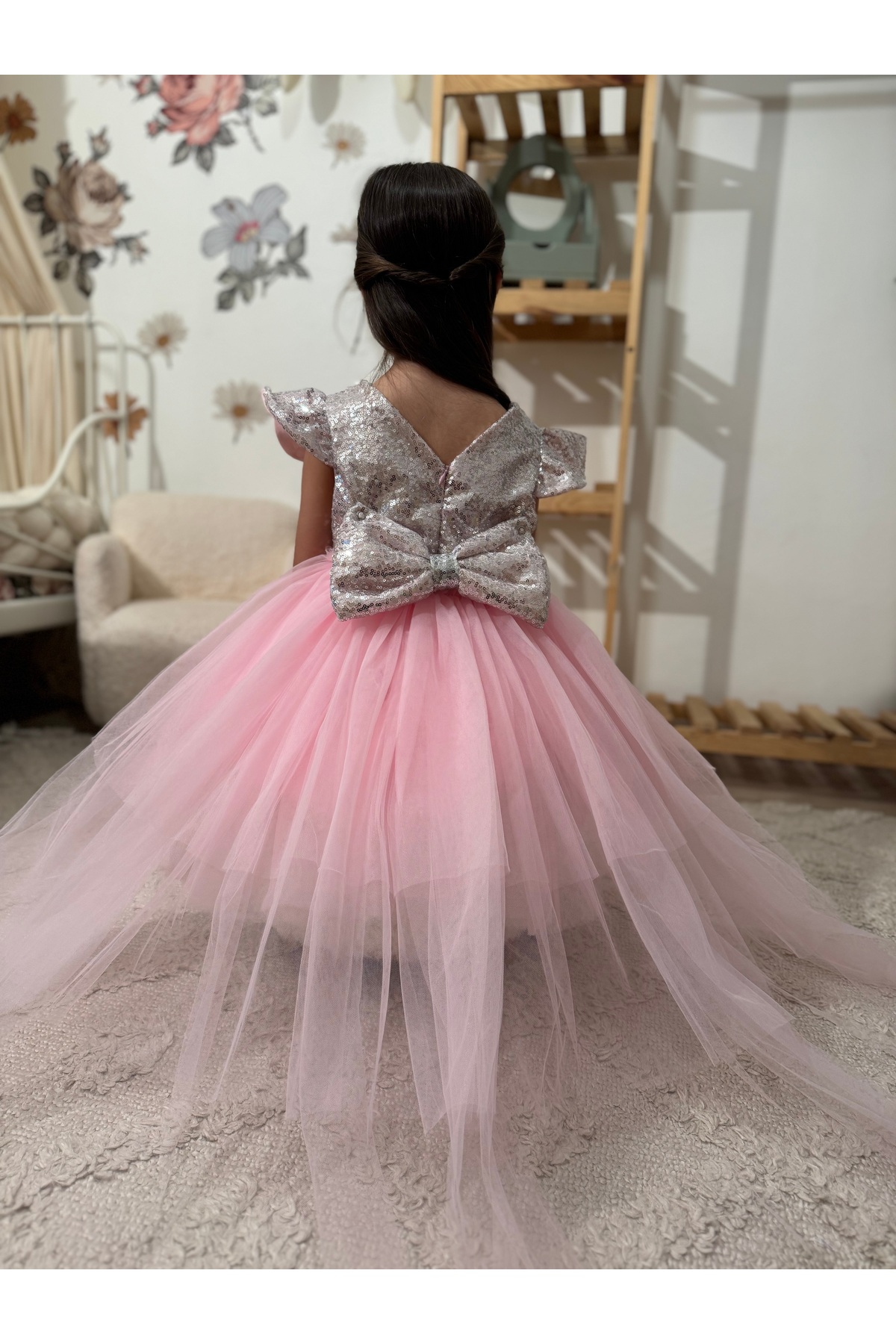 penu baby kids Pembe Payet Detaylı Tül Etekli Kısa Kol Kız Bebek Elbise fotoğrafı 2 (önizleme)