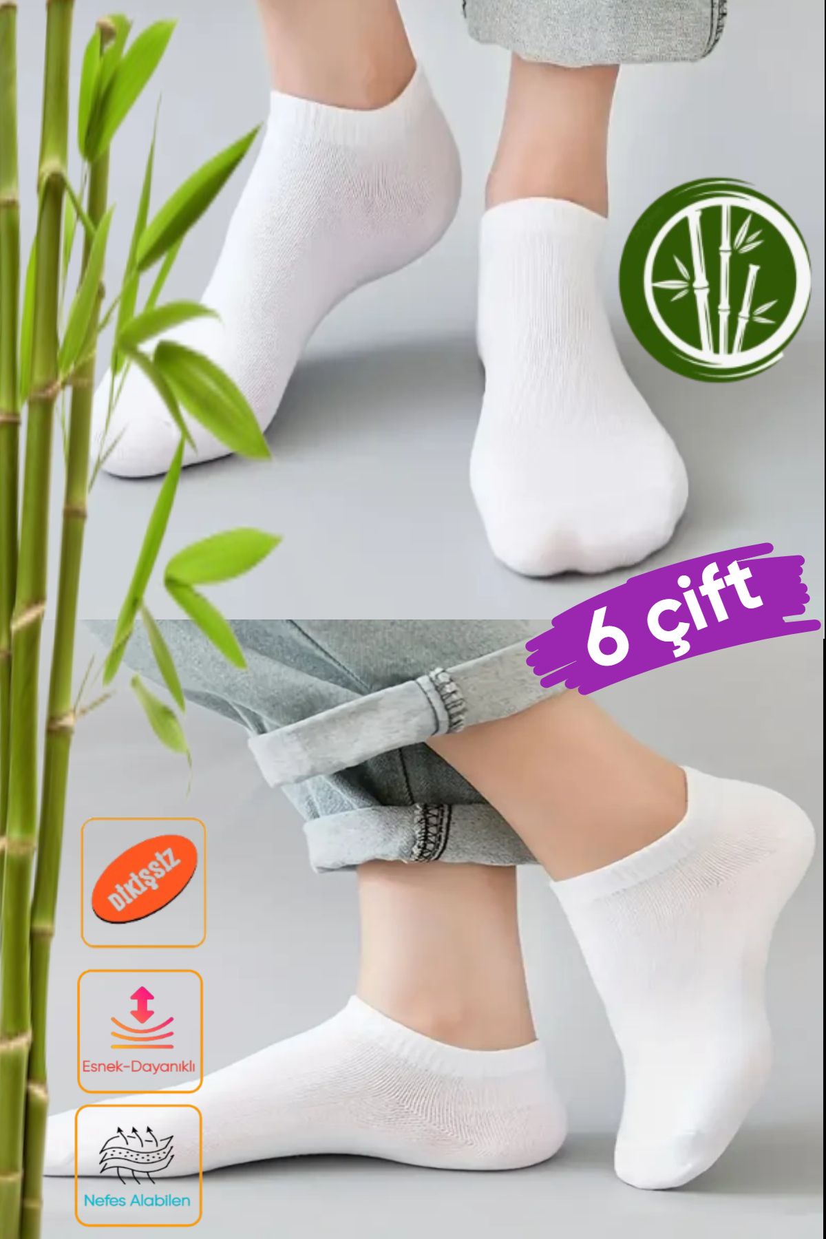 Esinti Kadın Bambu Sneaker Çorap 6'lı | Dikişsiz, Görünmez, Kokulu, Soft Yıkama