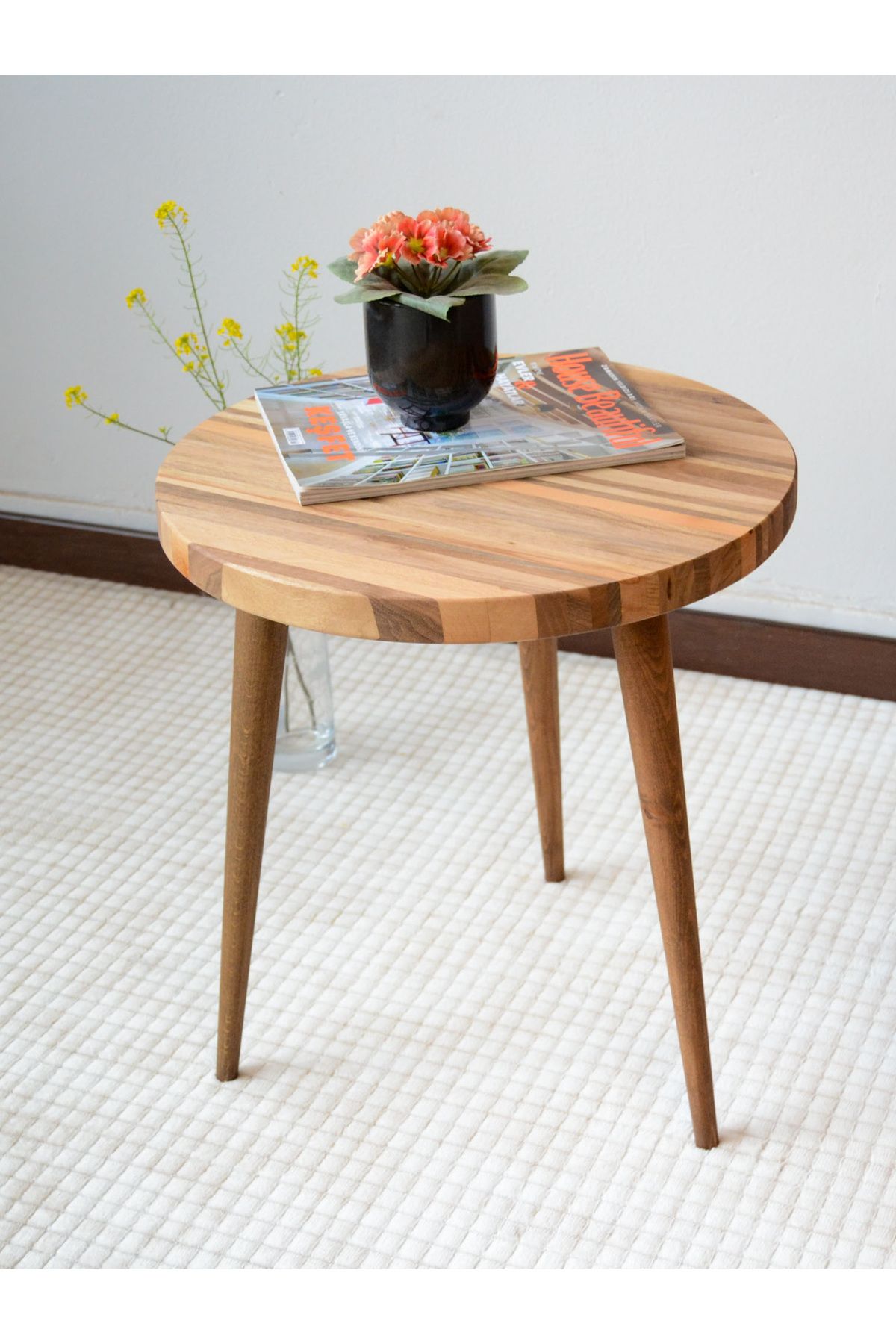 hwcfurniture Masif Ceviz Ahşap Yuvarlak Yan Sehpa - 50cm
