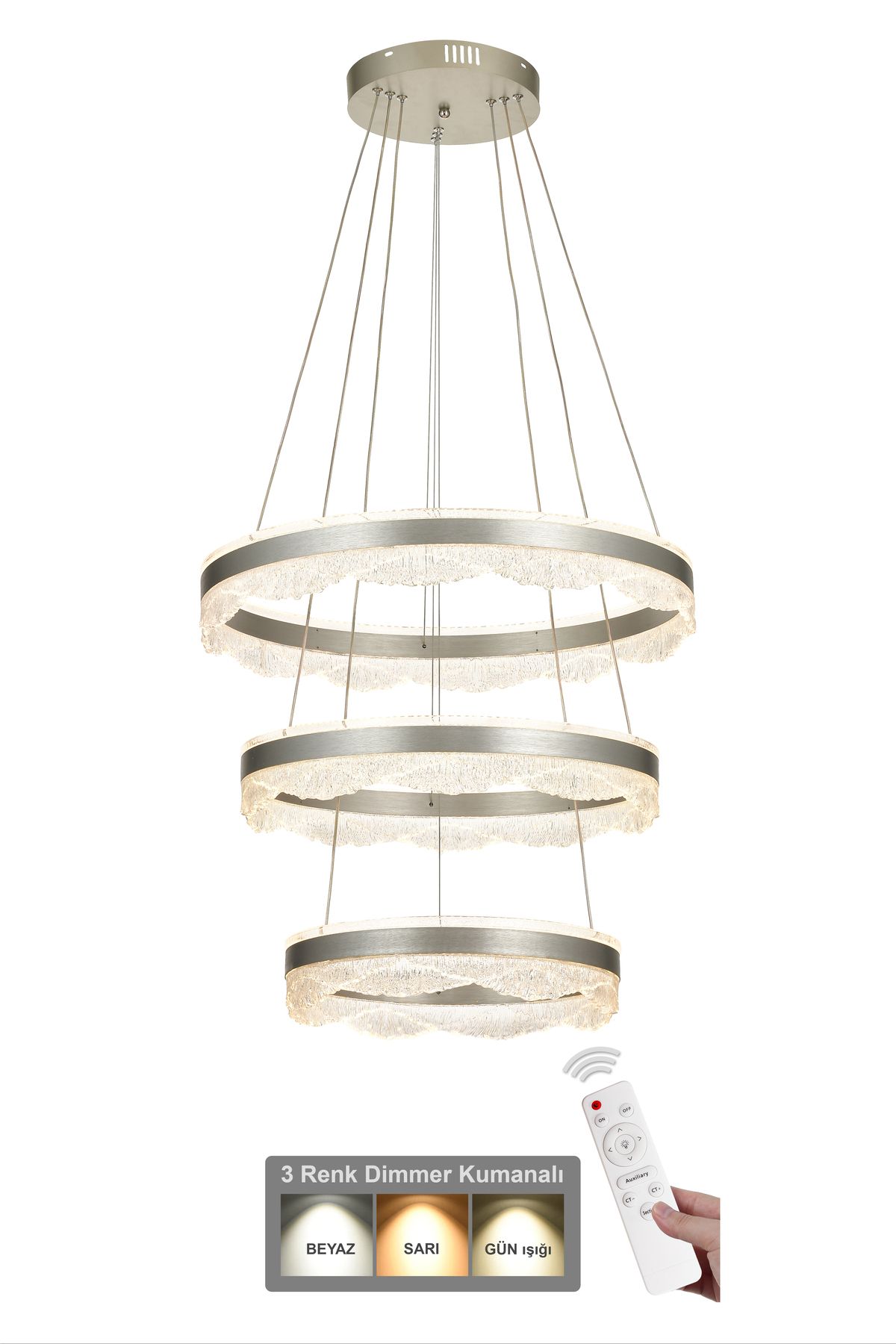 Avizemoda Estilo 3 Katlı Dimmer Kumandalı 3 Renk Ledli (Sarı-Beyaz-Gün Işığı) Modern Akrilik Avize -Gümüş