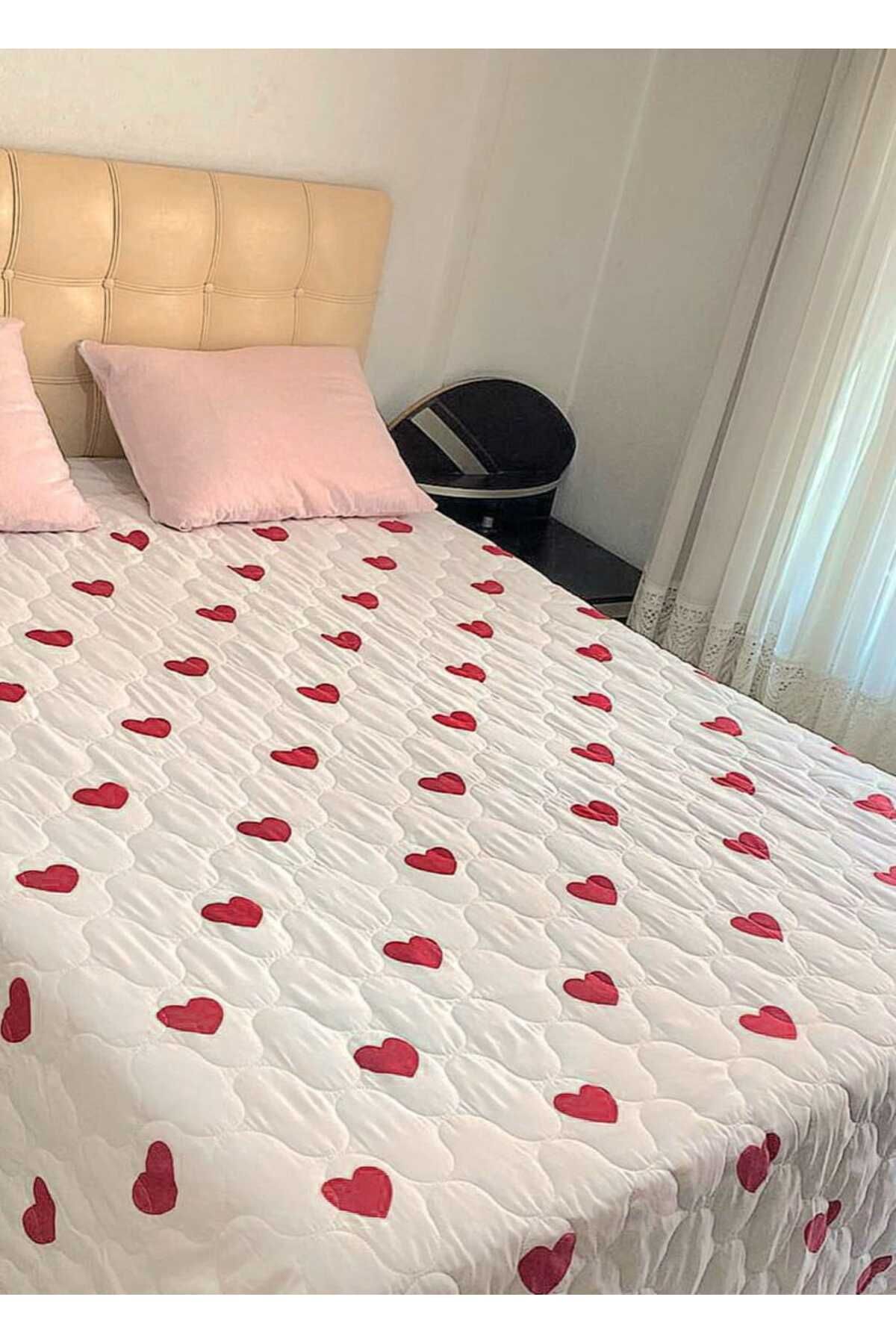 Özyuvam Kapitone Pamuklu Elyaf Dolgulu Çift Kişilik Çift Taraflı Kalp Desenli Pike