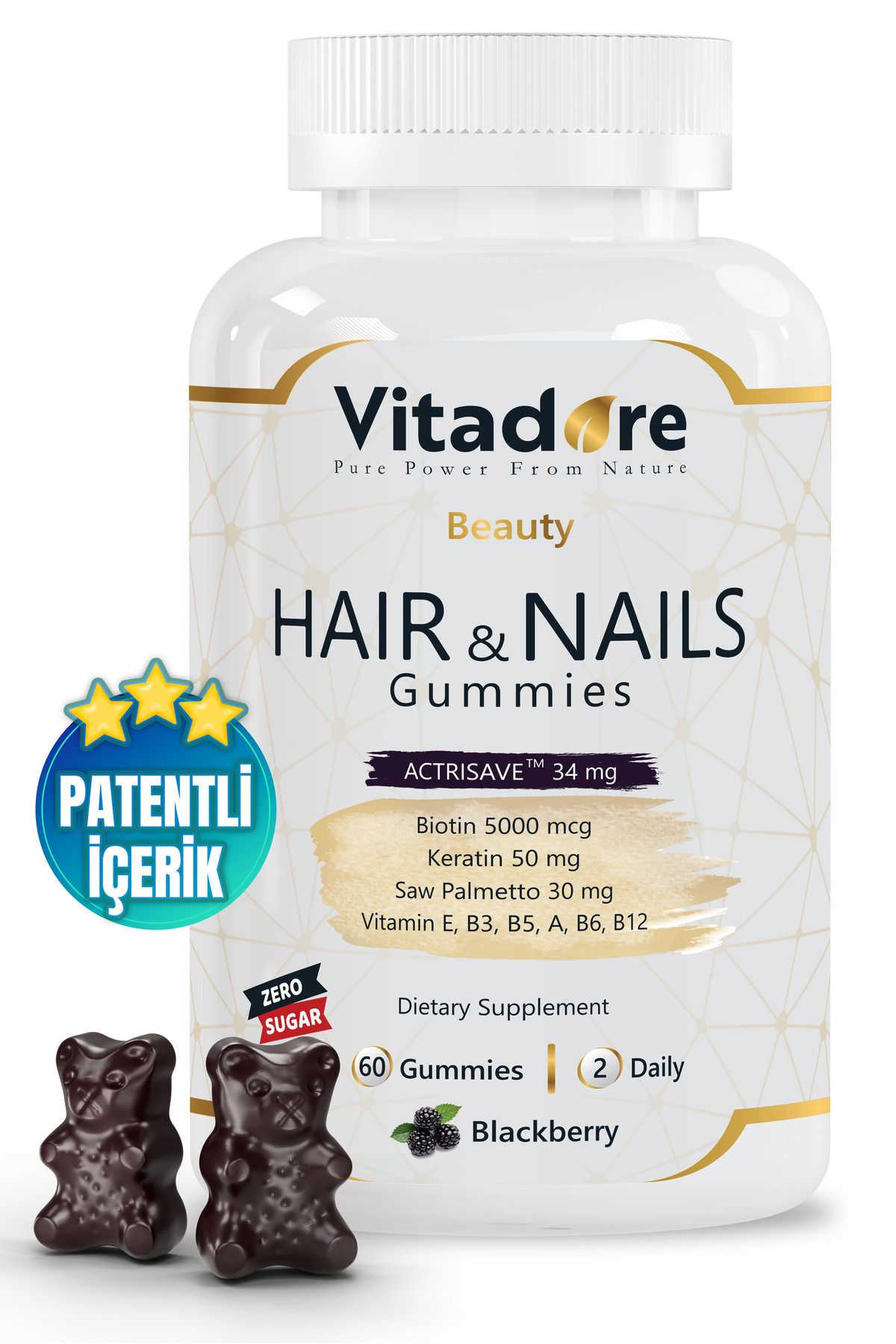 Vitadore Çiğnenebilir Saç Tırnak Vitamini – Beauty Hair& Nails Gummy | Actrisave™ Biotin Keratin Saw Palmetto