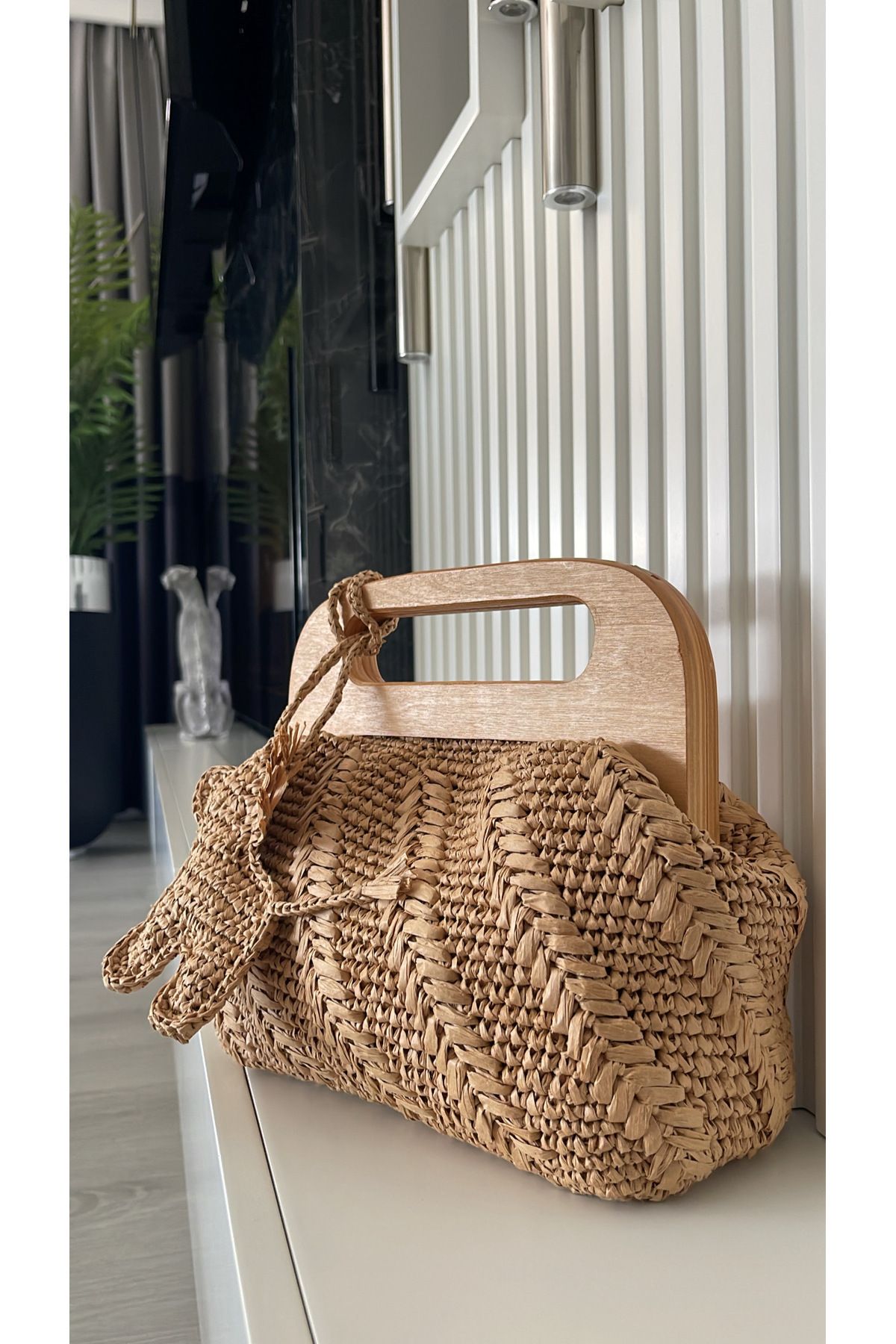 WOMANBAG HASIR EL YAPIMI NATUREL RAFYA ÖRGÜ CLUTCH EL OMUZ ÇANTASI