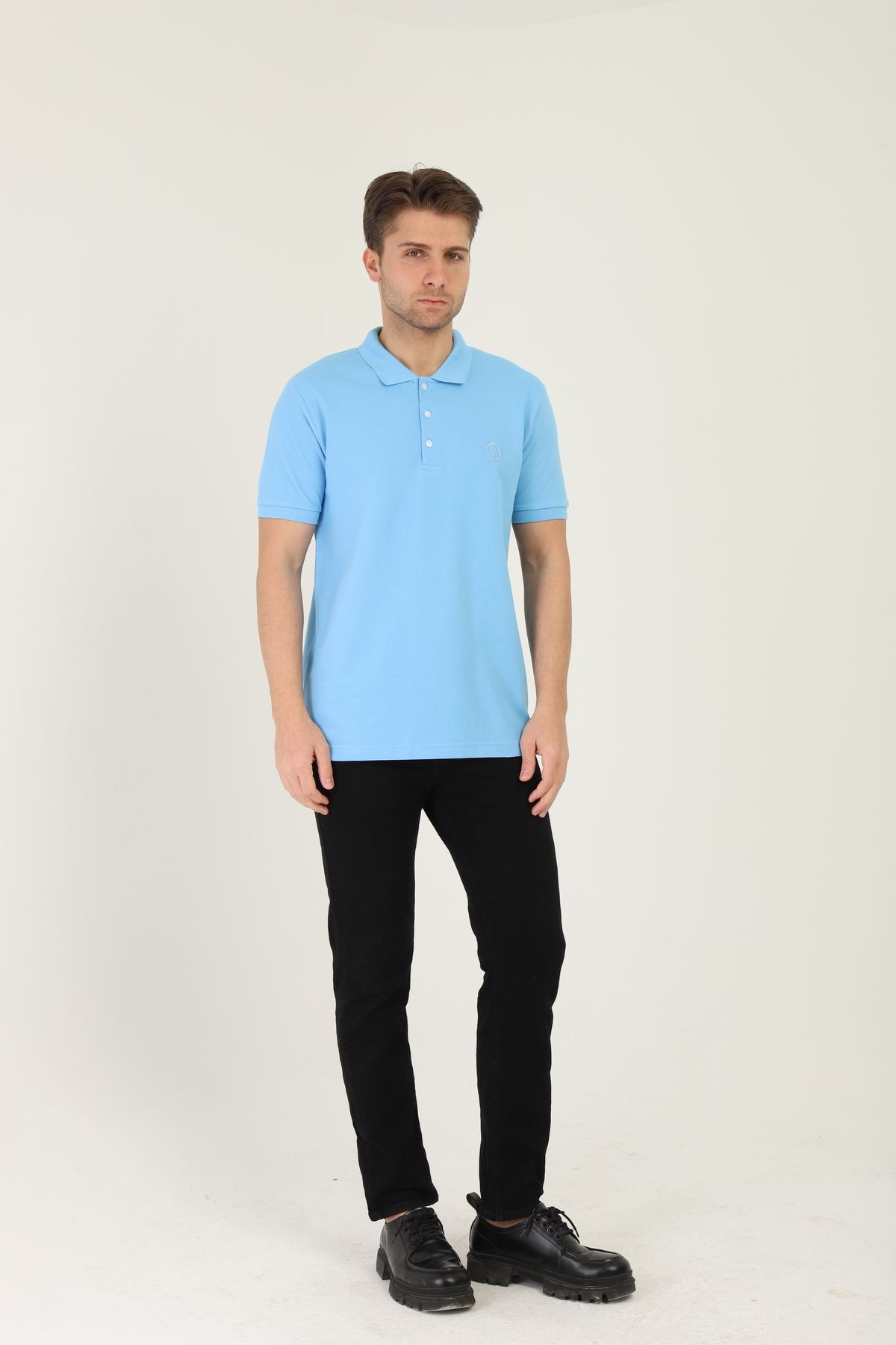 Mavi Soles Erkek Polo Yaka T-shirt - Düz Mavi, Regular Fit, %100 Pamuk
