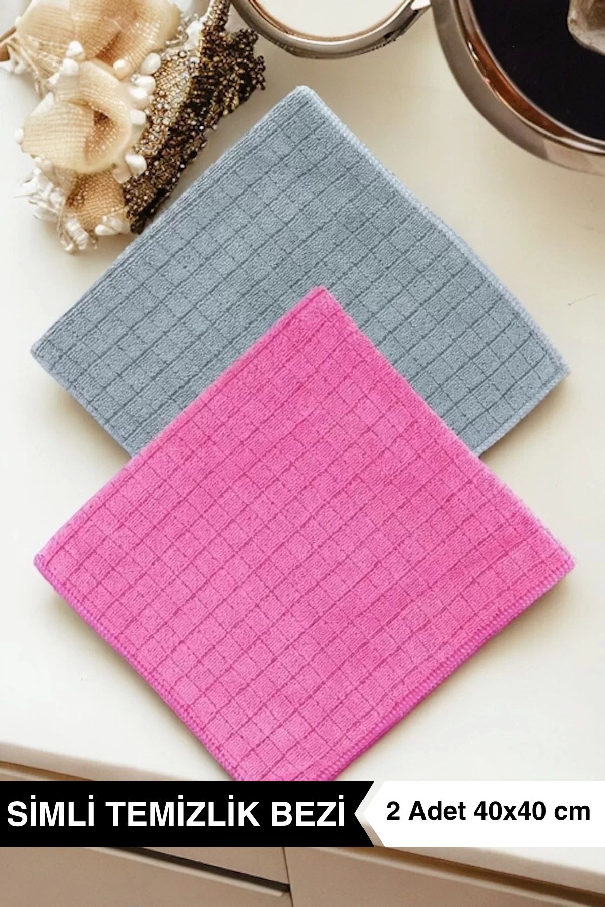 Ellesill 30 Paket Toptan Simli Ovma Temizlik Bezi Pembe ve Gri Renk 2'li - 40x40 cm