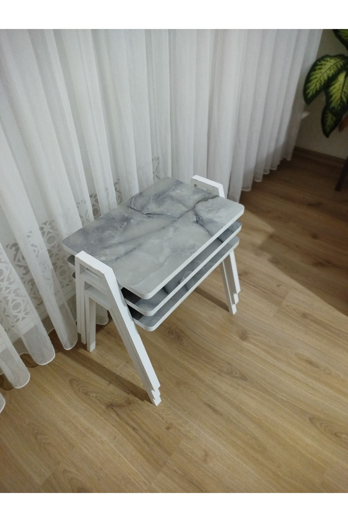 GÜVENÇ Zigon Sehpa 3'Lü Mermer Desenli Tepsi Model