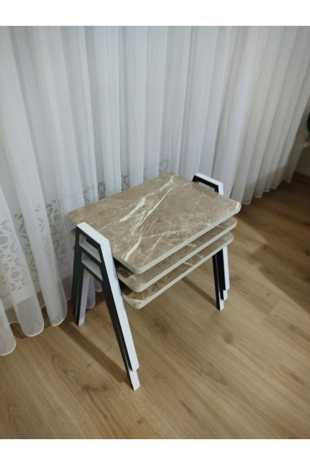 GÜVENÇ Zigon Sehpa 3'Lü Mermer Desenli Tepsi Model