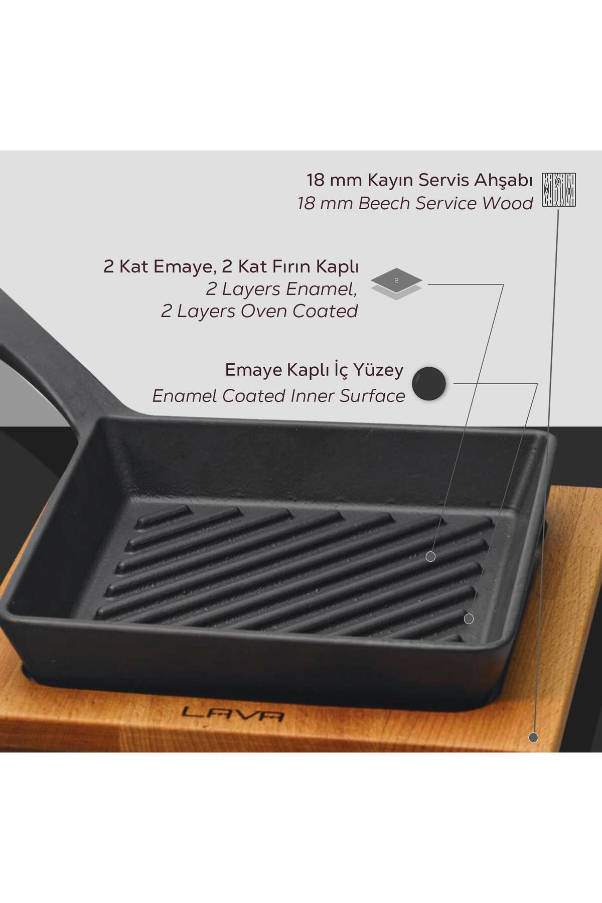 Lava-Cast Iron Mini Square Grill Pan with Beech Wooden Base Cast Iron Solid Handle Size 16x16cm 6