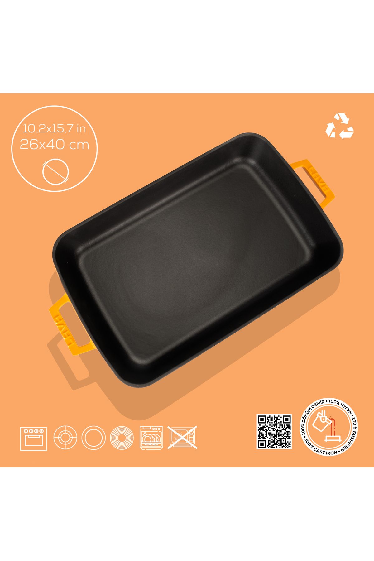 Lava-Cast Rectangular Rosto and Oven Tray Cast Iron Solid Double Handle Spring Series Size 26x4 4