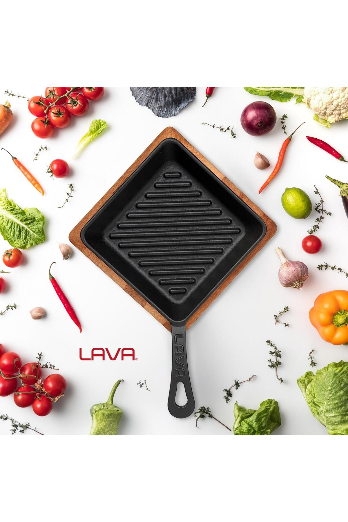 Lava-Cast Iron Mini Square Grill Pan with Beech Wooden Base Cast Iron Solid Handle Size 16x16cm 7