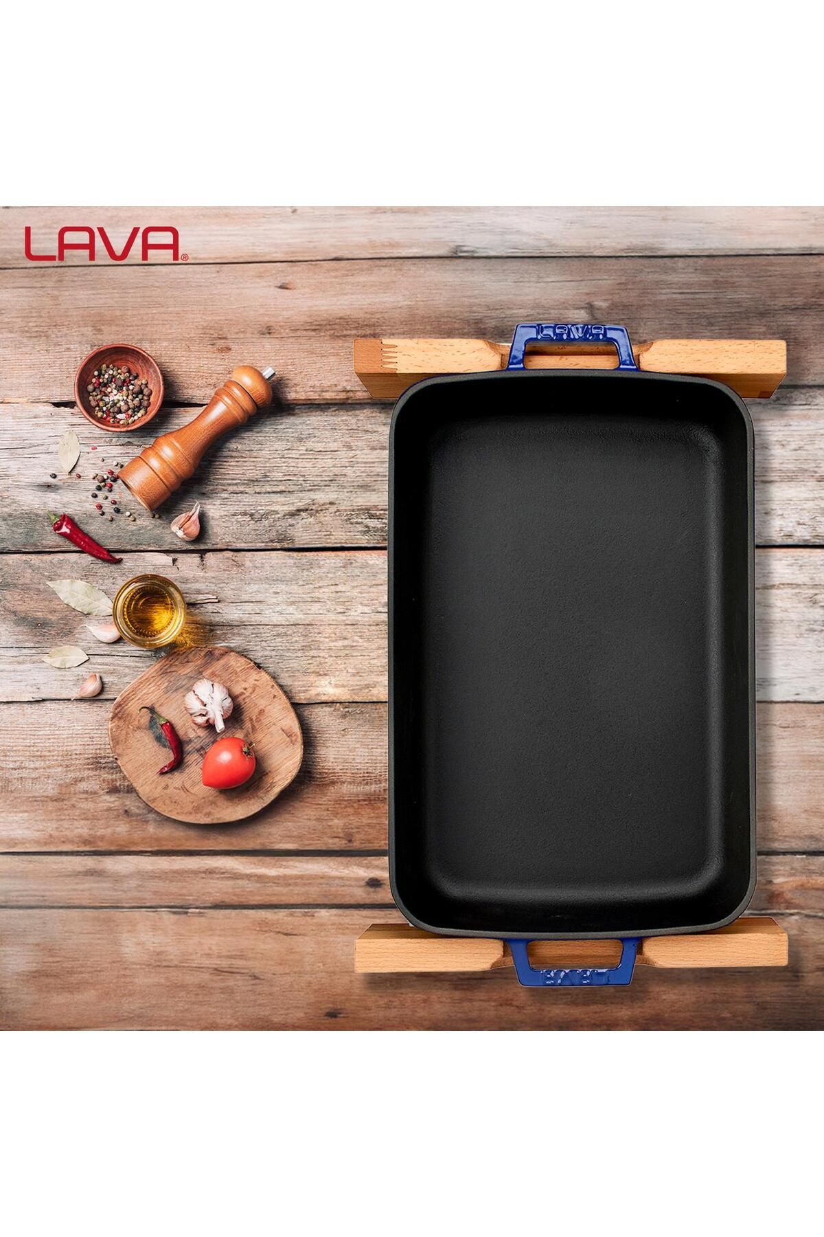 Lava-Cast Rectangular Rosto and Baking Tray Beech Serving Wood Cast Iron Solid Double Handle Size 7