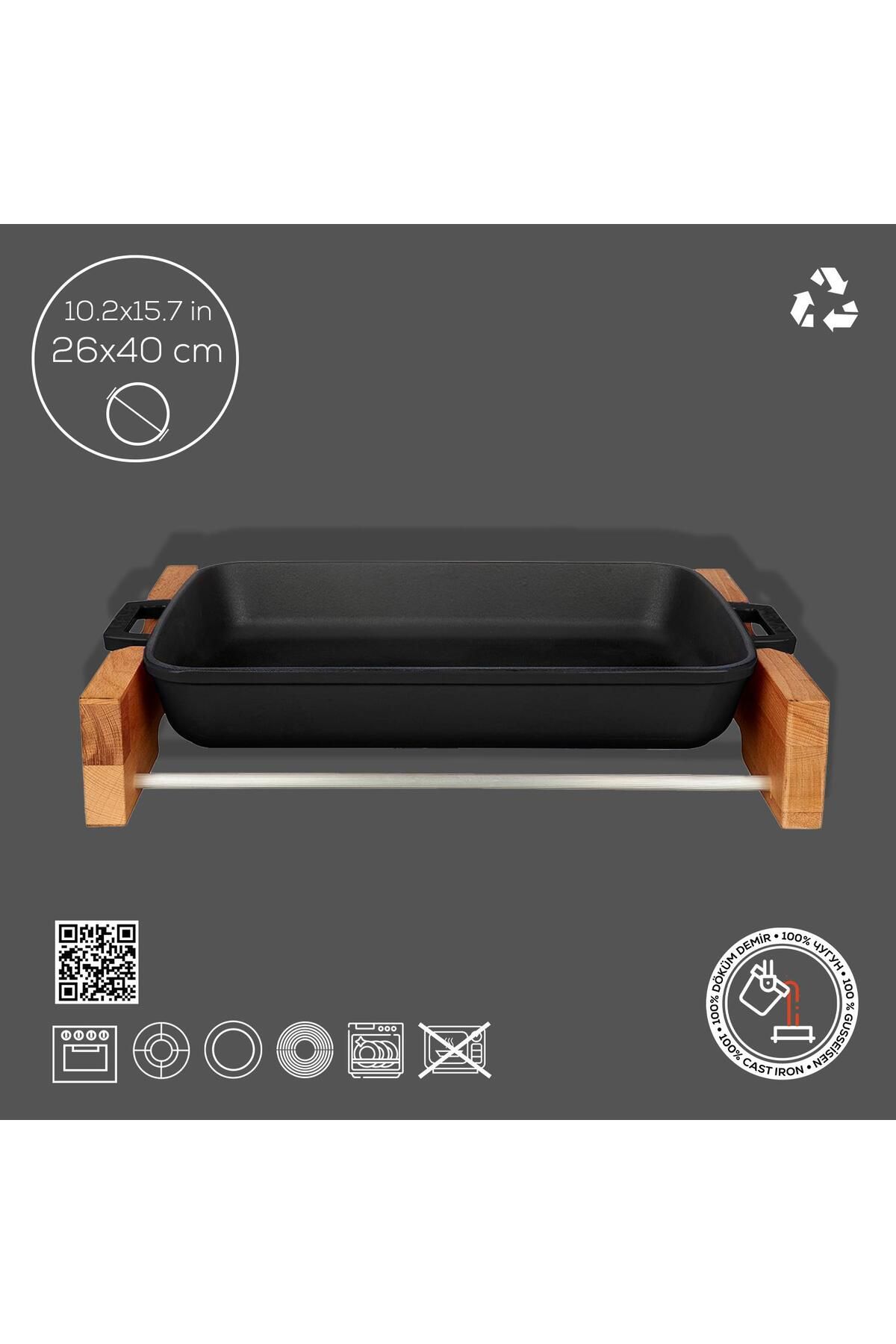 Lava-Cast Rectangular Rosto and Baking Tray Beech Serving Wood Cast Iron Solid Double Handle Size 3