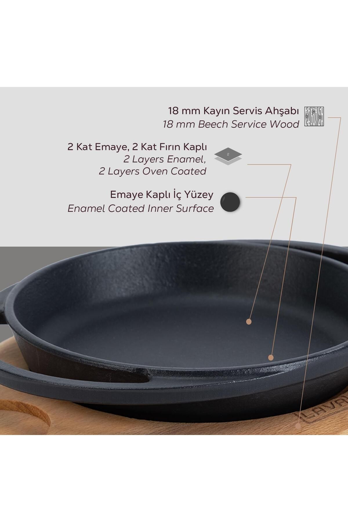 Lava-20cm Double Handle Iron Solid Cast Round Pan Beech Serving Wood 6