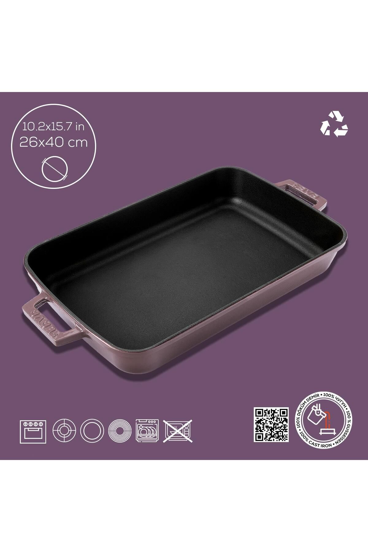 Lava-Cast Rectangular Rosto and Oven Tray Cast Iron Solid Double Handle Size 26x40cm 4
