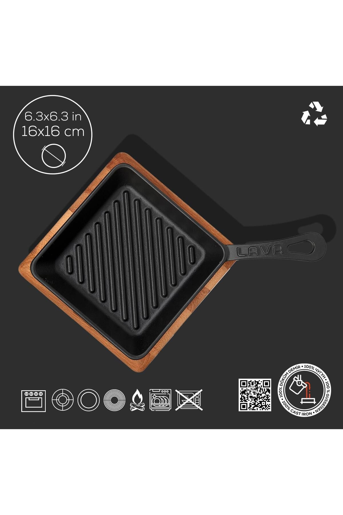 Lava-Cast Iron Mini Square Grill Pan with Beech Wooden Base Cast Iron Solid Handle Size 16x16cm 4