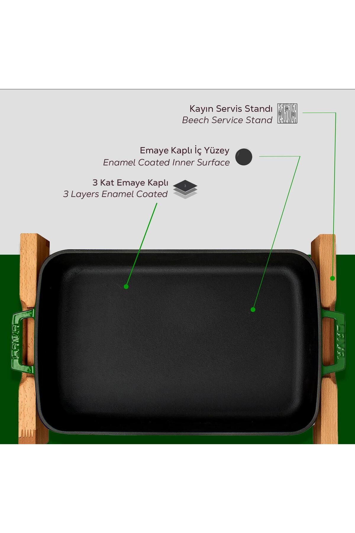 Lava-Double Handle Cast Iron Solid - Rectangular Rosto and Baking Tray, Beech Serving Wood 5