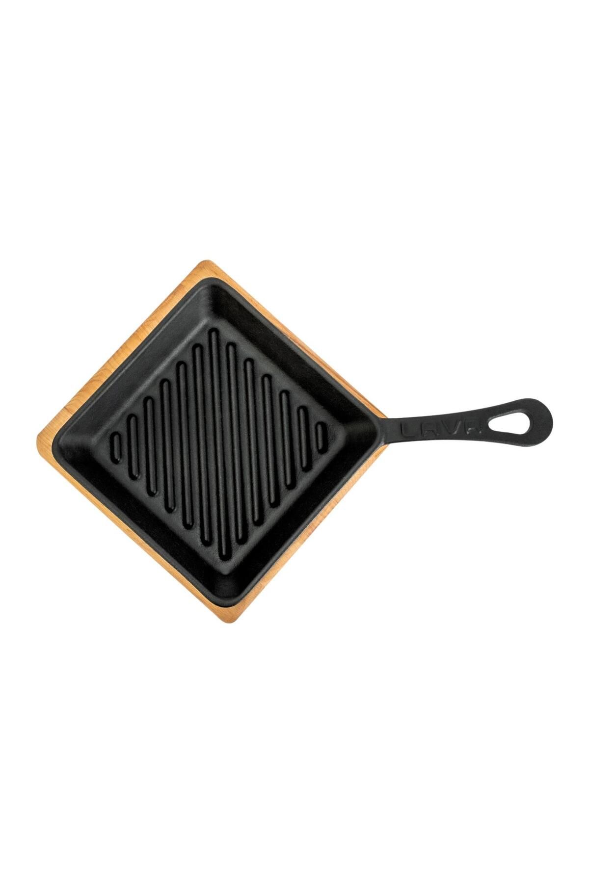 Lava-Cast Iron Mini Square Grill Pan with Beech Wooden Base Cast Iron Solid Handle Size 16x16cm 3