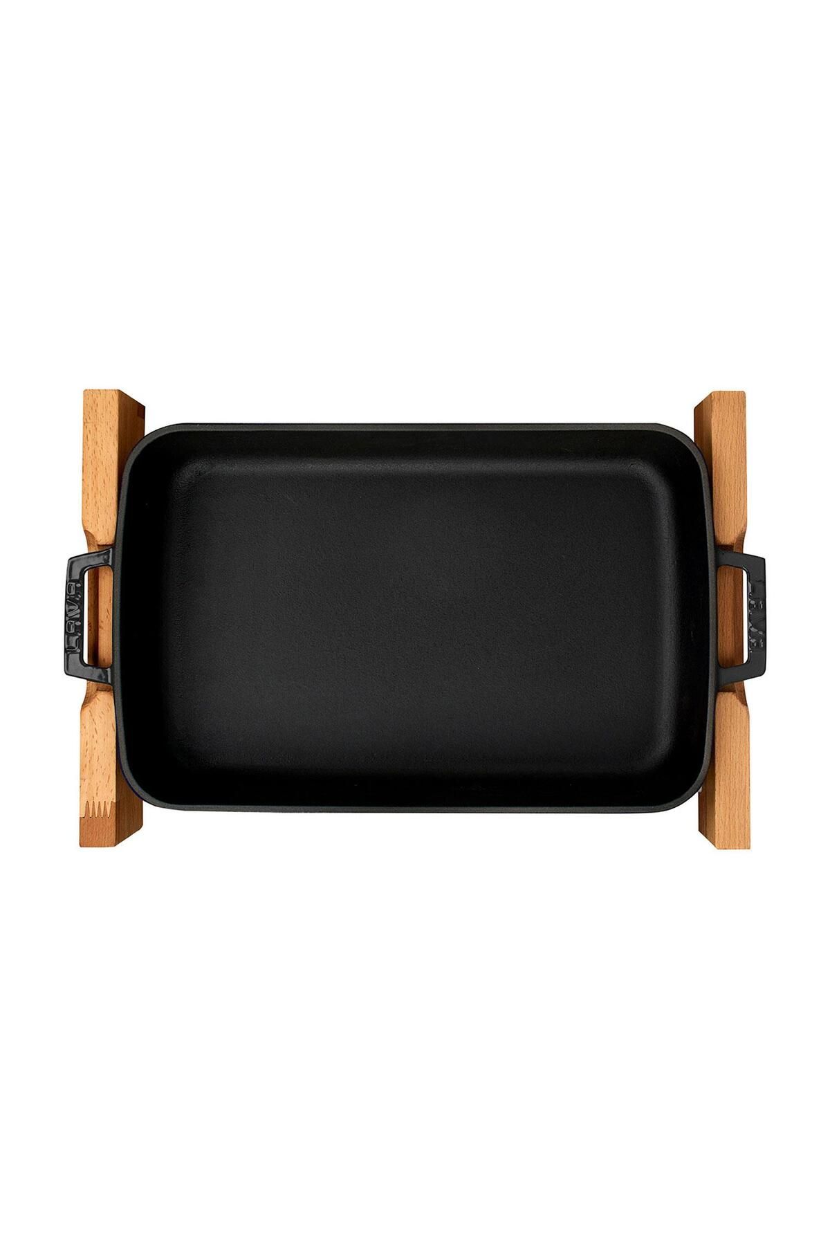 Lava-Cast Rectangular Rosto and Baking Tray Beech Serving Wood Cast Iron Solid Double Handle Size 2