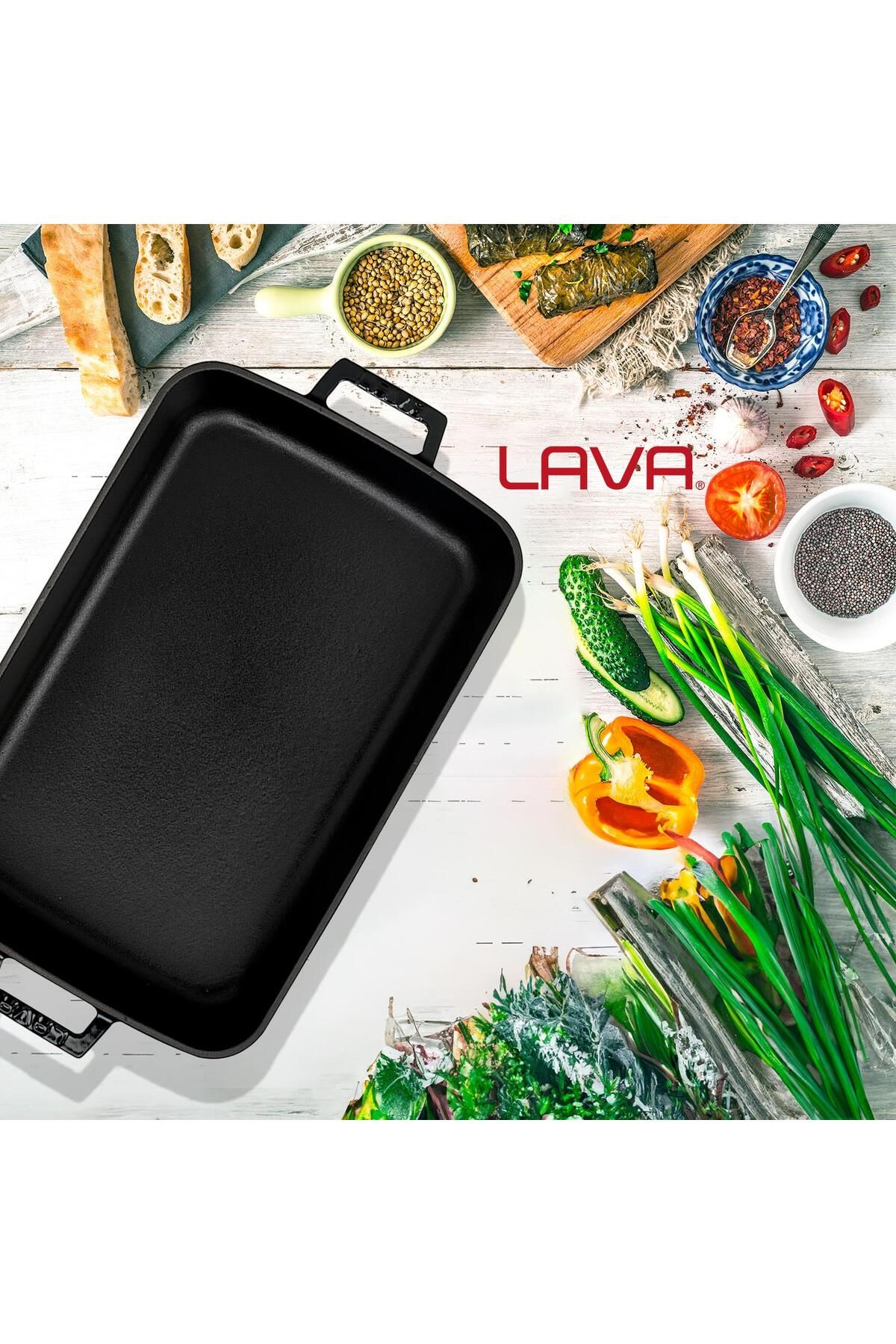 Lava-22X30Cm Rectangular Rosto and Oven Tray - Cast Iron Solid, Double Handle Size 7