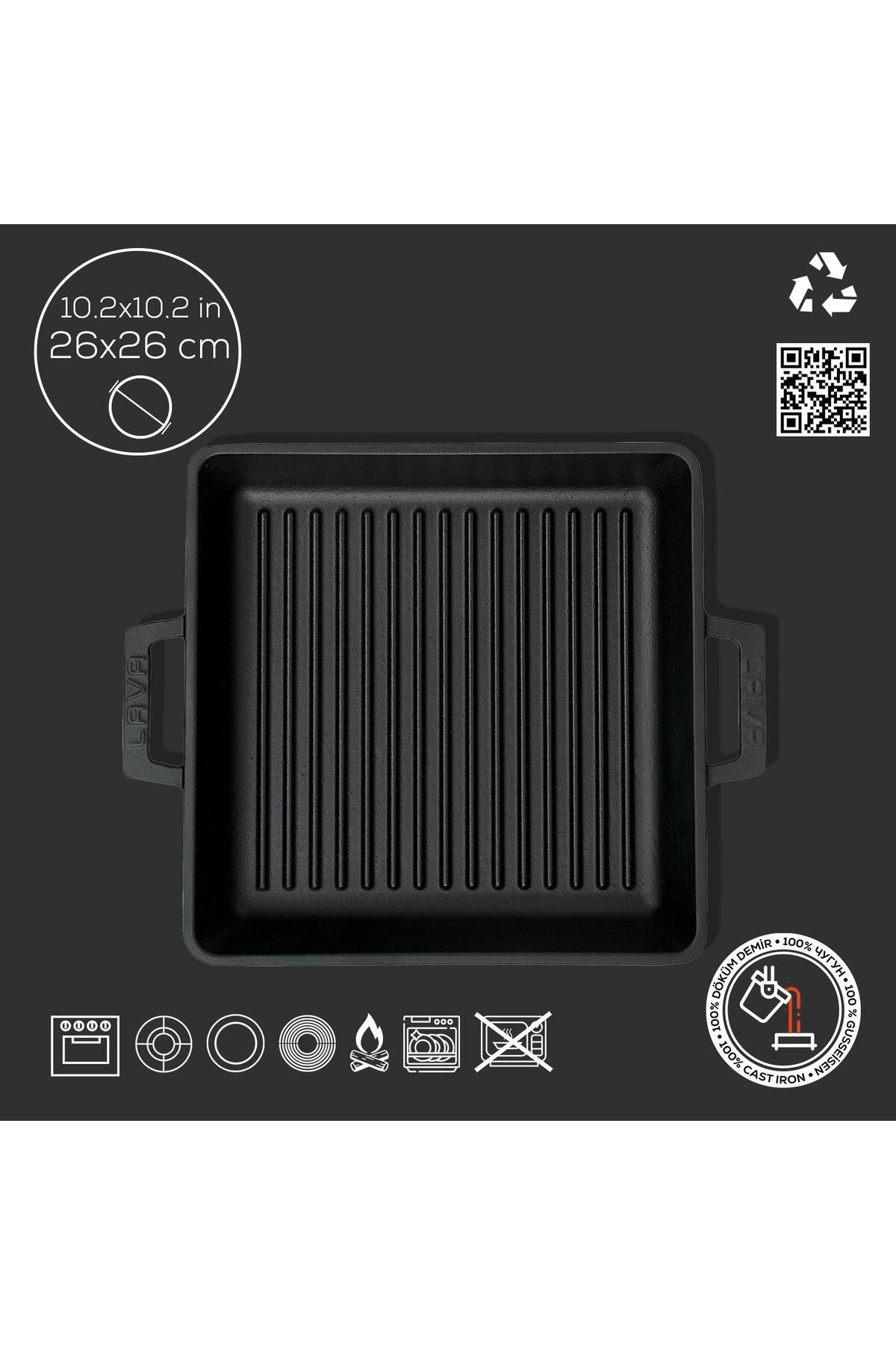 Lava-Cast Square Grill Pan Cast Iron Solid Double Handled Dimension 26x26cm. 4