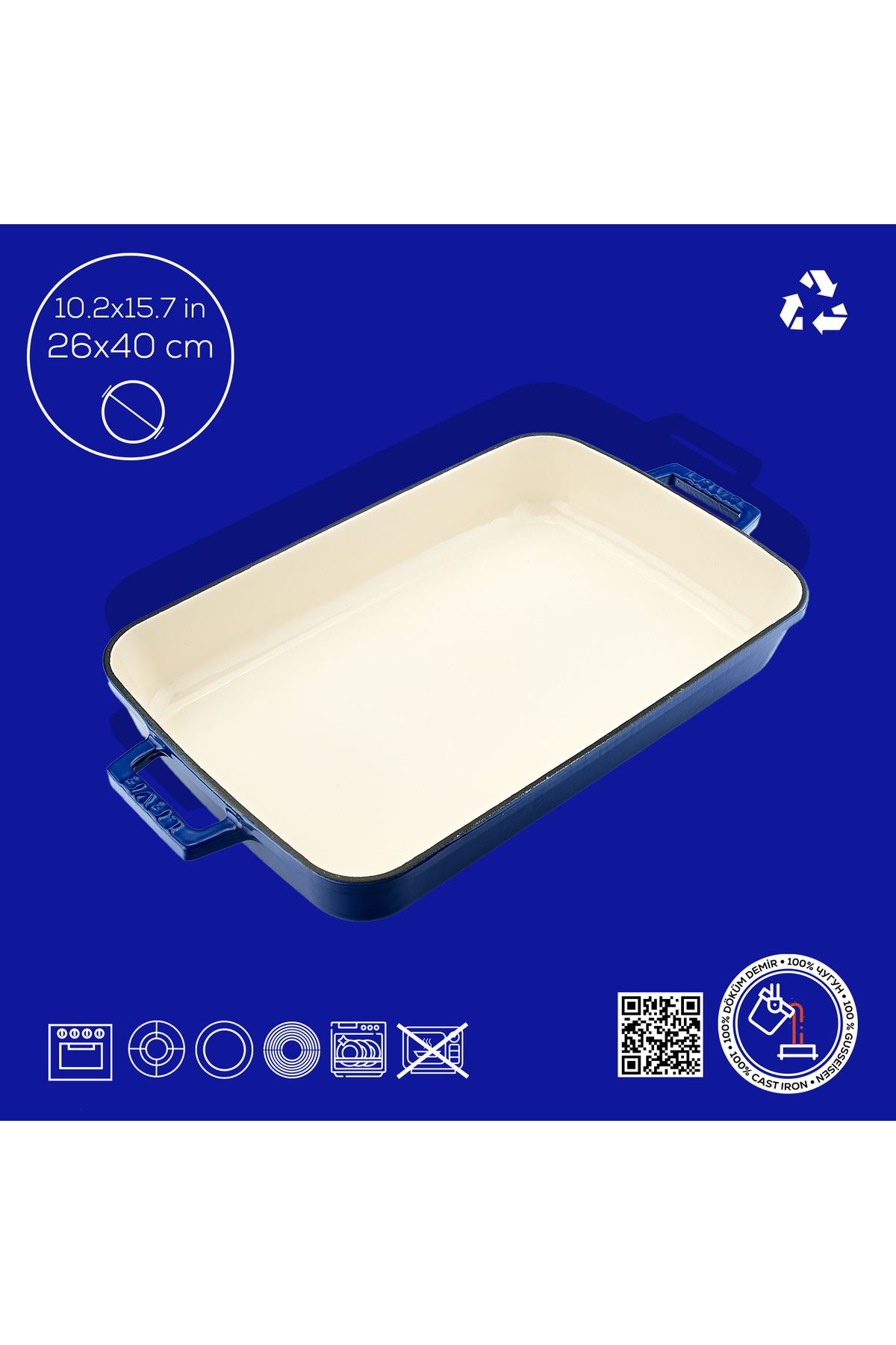 Lava-Cast Rectangular Rosto and Oven Tray Cast Iron Monolithic Double Handle Edition Series Size 26x 4