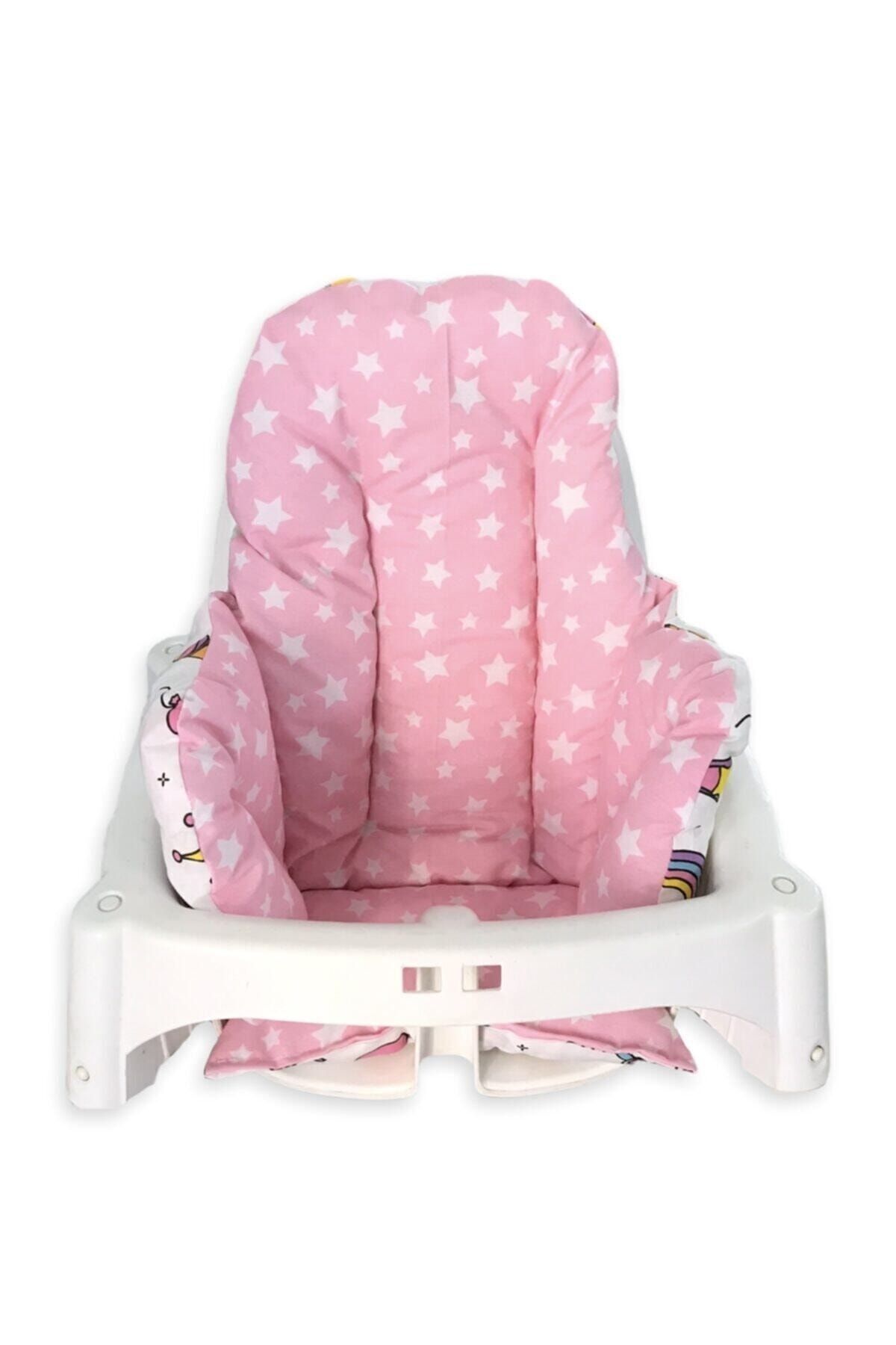 Bebek Özel %100 Pamuklu Bebek Çocuk Mama Sandalyesi Minderi Beyaz Pembe Unicorn Yıldızlı fotoğrafı 3 (önizleme)